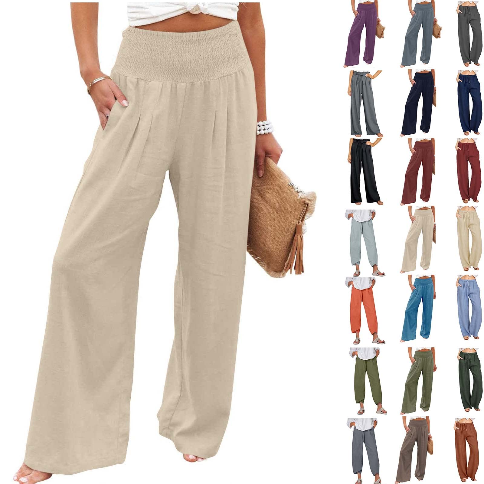 YWDJ Linen Pants for Women High Waist Petite With Pockets High Waist High  Rise Elastic Waist Casual Straight Leg Solid Color Bandage Comfortable  Pants