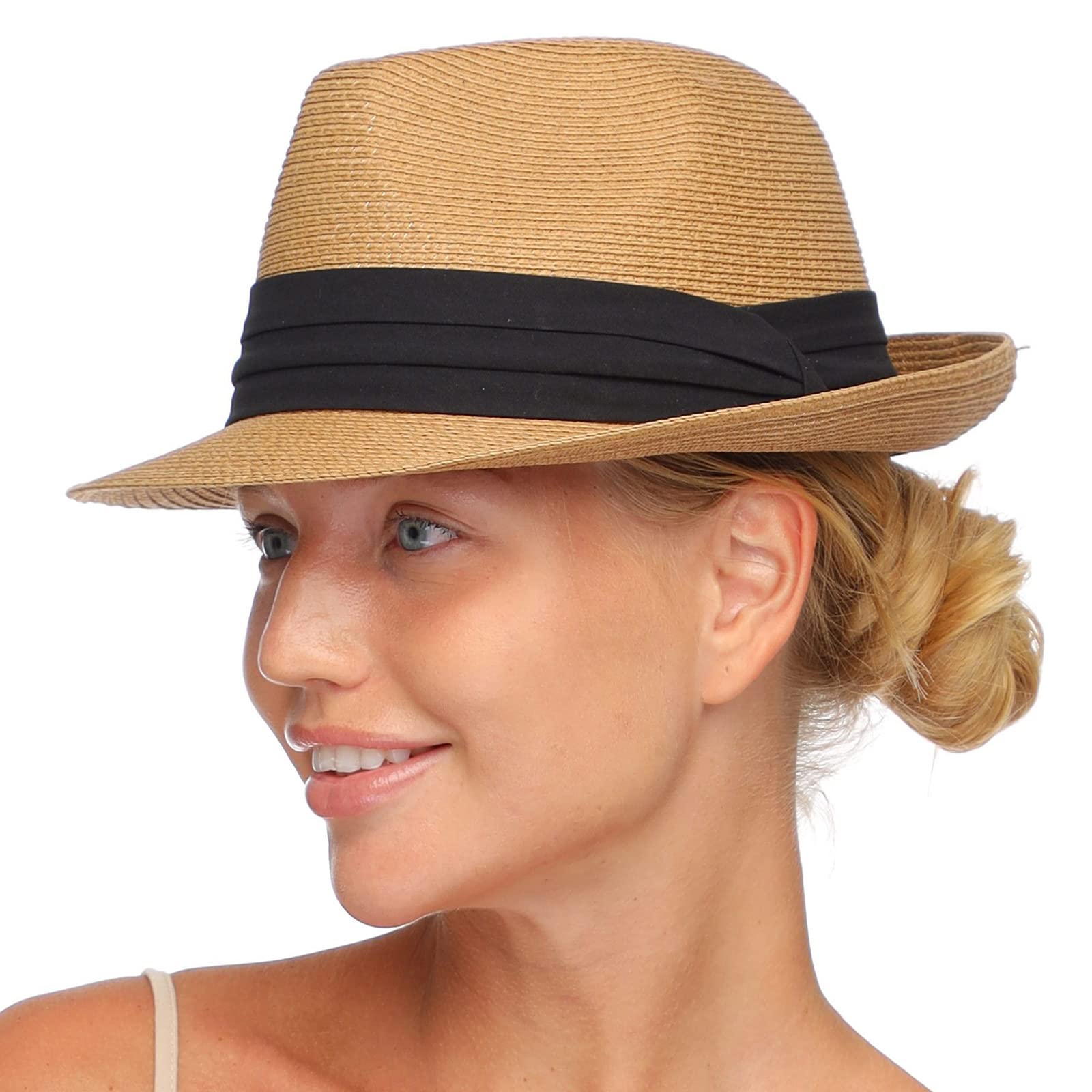 FURTALK Fedora Straw Sun Hat for Men Women Foldable Roll Up Short