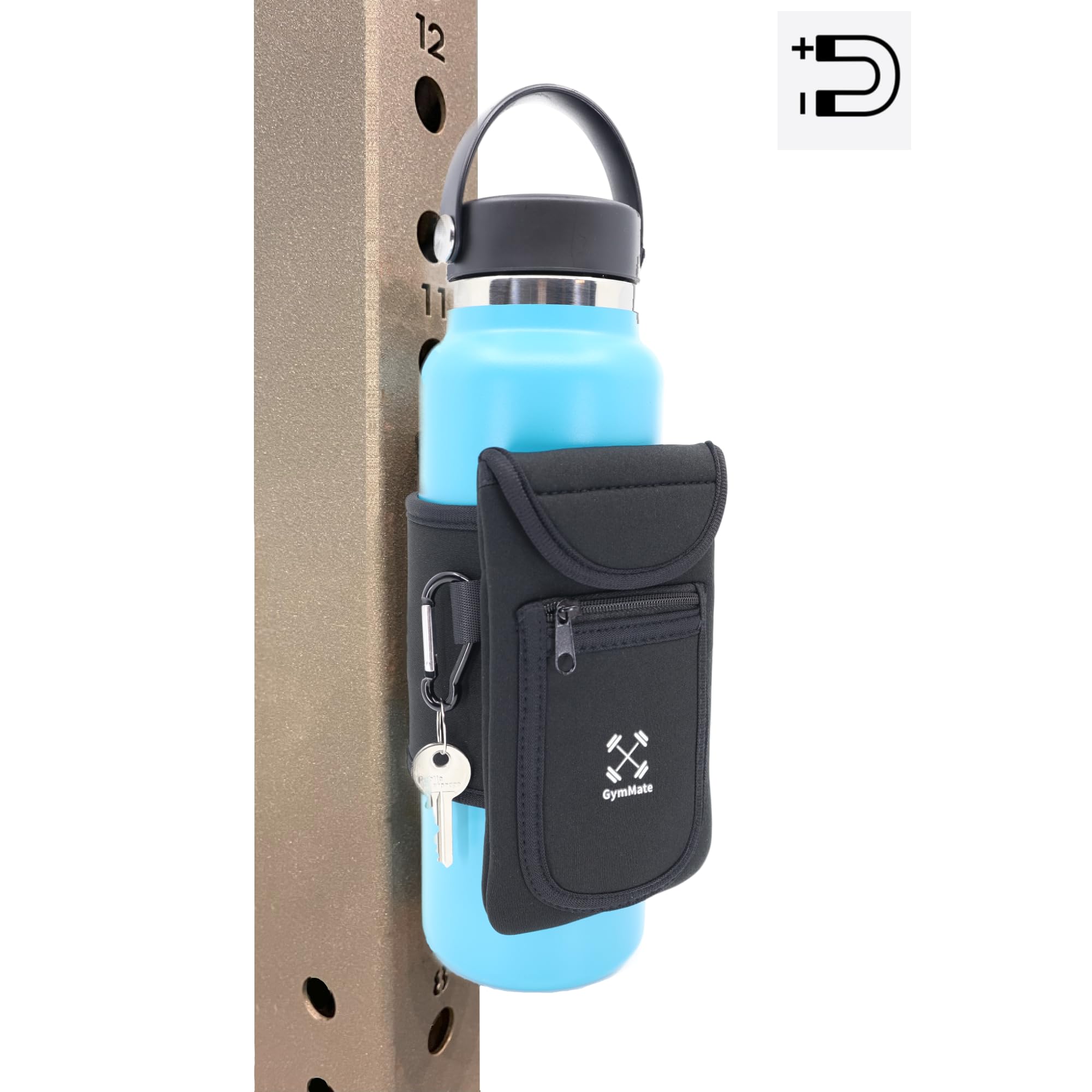 Gym Mate Magnetic Water Bottle Sleeve Pouch. Attaches Magnetically to Metal Surface So Your Bottle Is Always Within Reach. Accessory Pockets for Cell