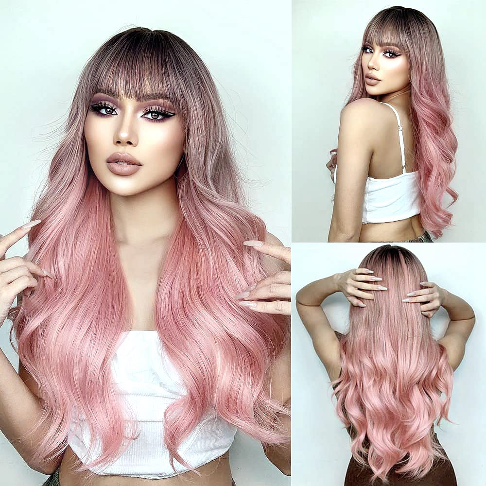 ISHINE Pink Wigs for Women Long Wavy Curly Wigs No Lace Colored