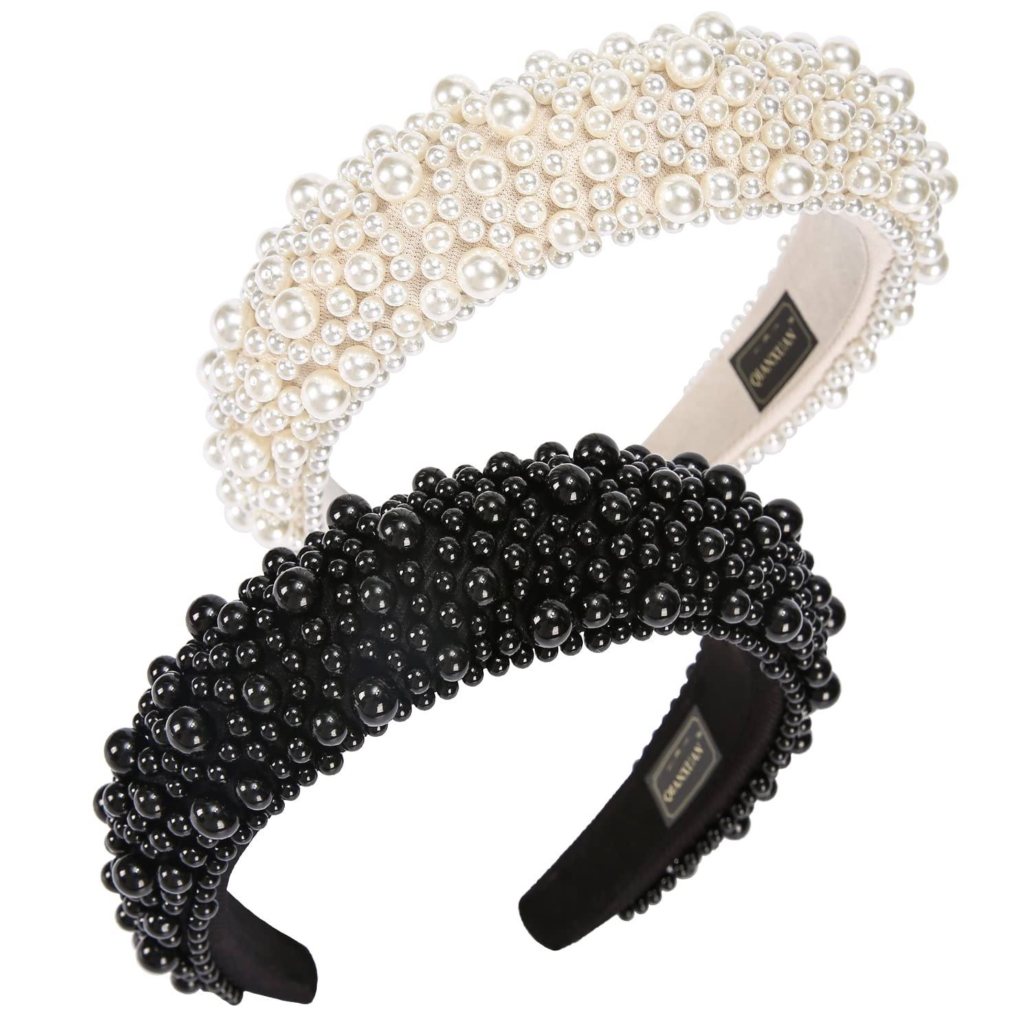 QIANXUAN Fashion Headbands For Women's Hair White Pearl Headbands For Girls  Black Padded Headband Rhinestones Beading Pearls Hair Accessories Design  Elegant Wide Hairbands pearl headband-1