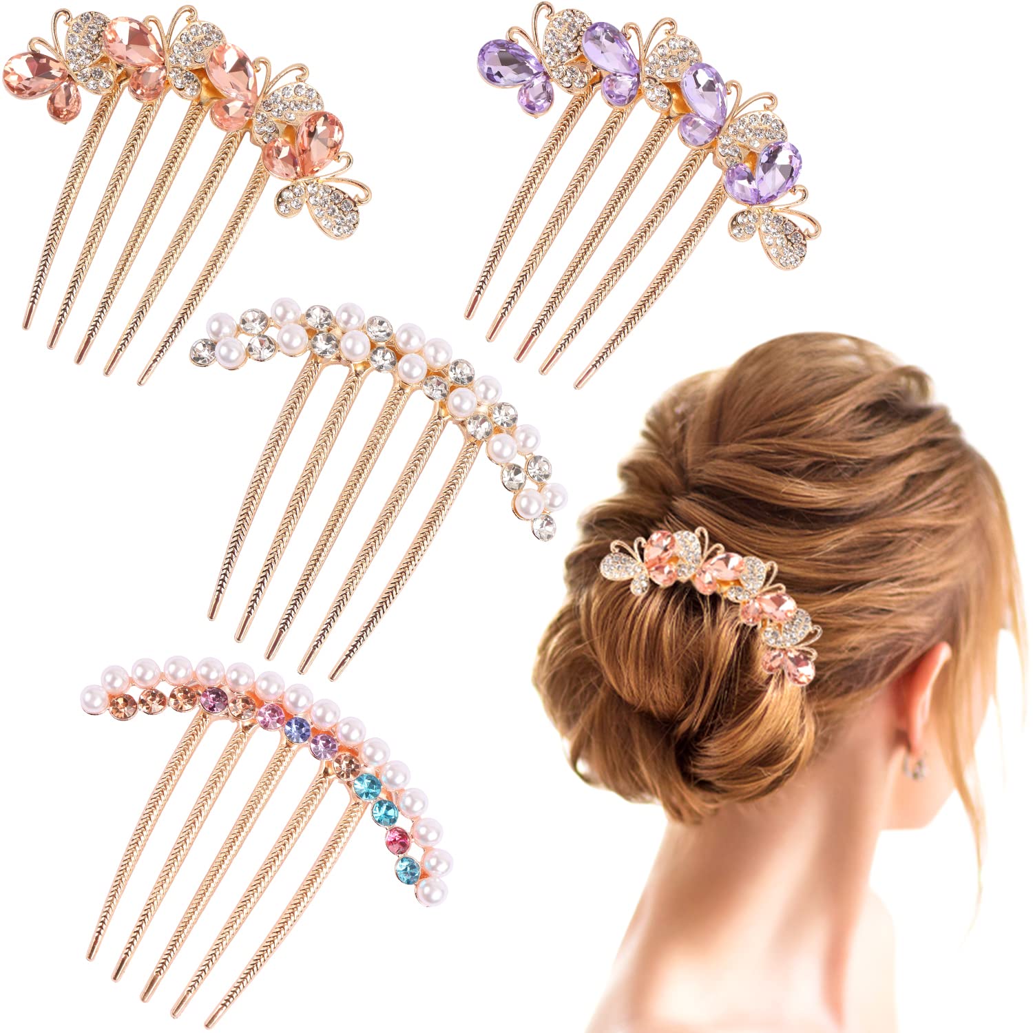 4 Pcs Pearl Rhinestones Hair Side Combs for Women Accessories ...
