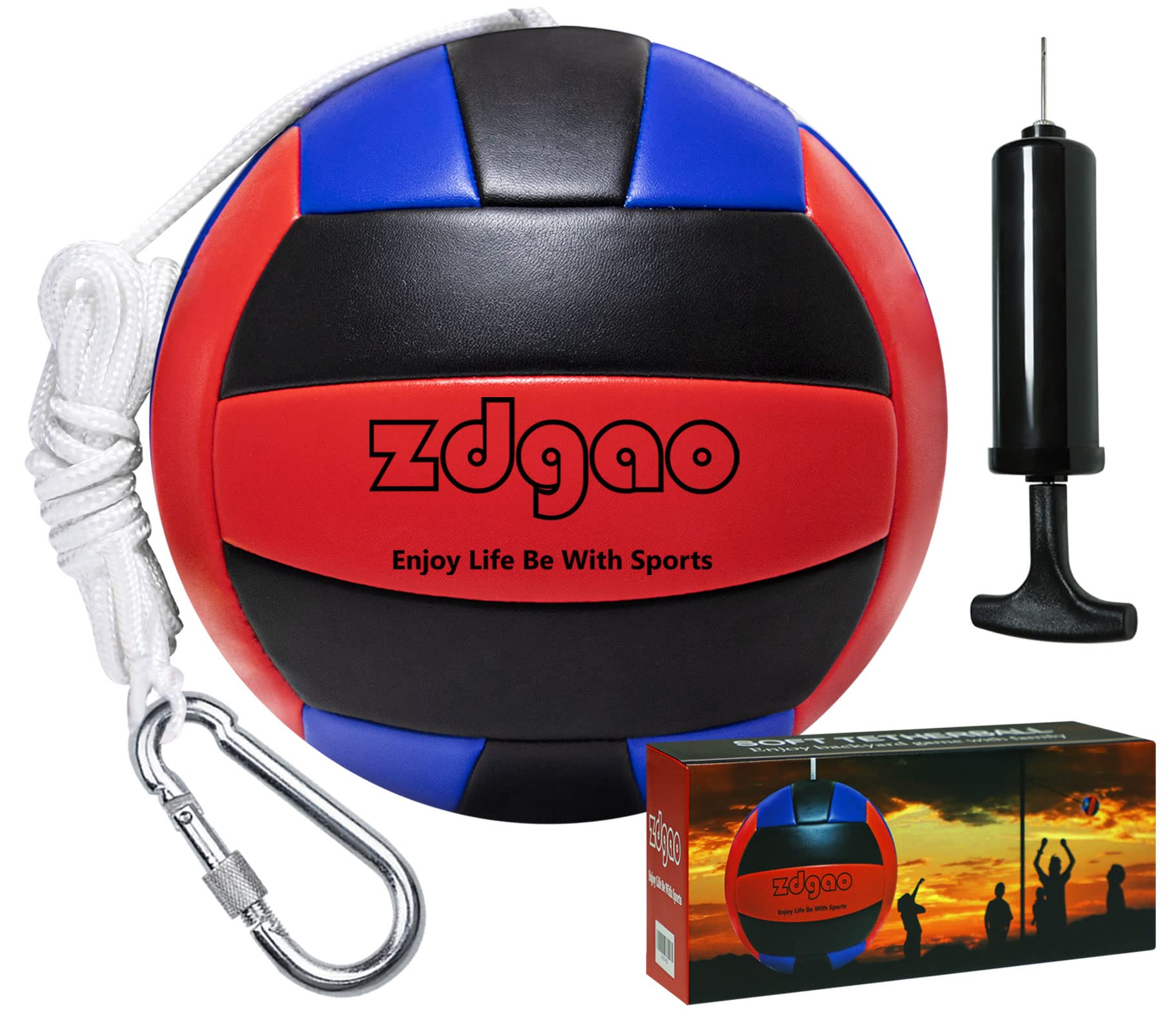 Tetherball Ball and Rope, Replacement Tether Ball with Carabiner, Ball Pump  with Needle for Adults Backyard Game