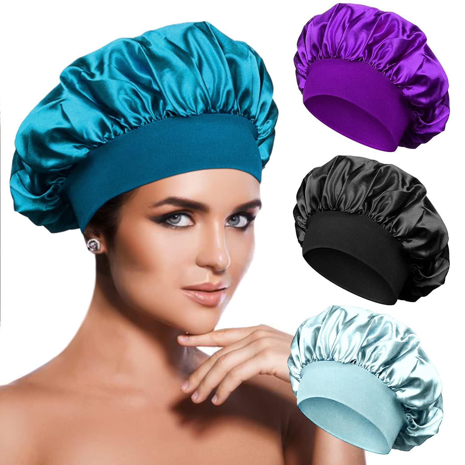 Satin Bonnets for Black Women - Set of 4 Silky Sleep Caps for Long Wavy ...