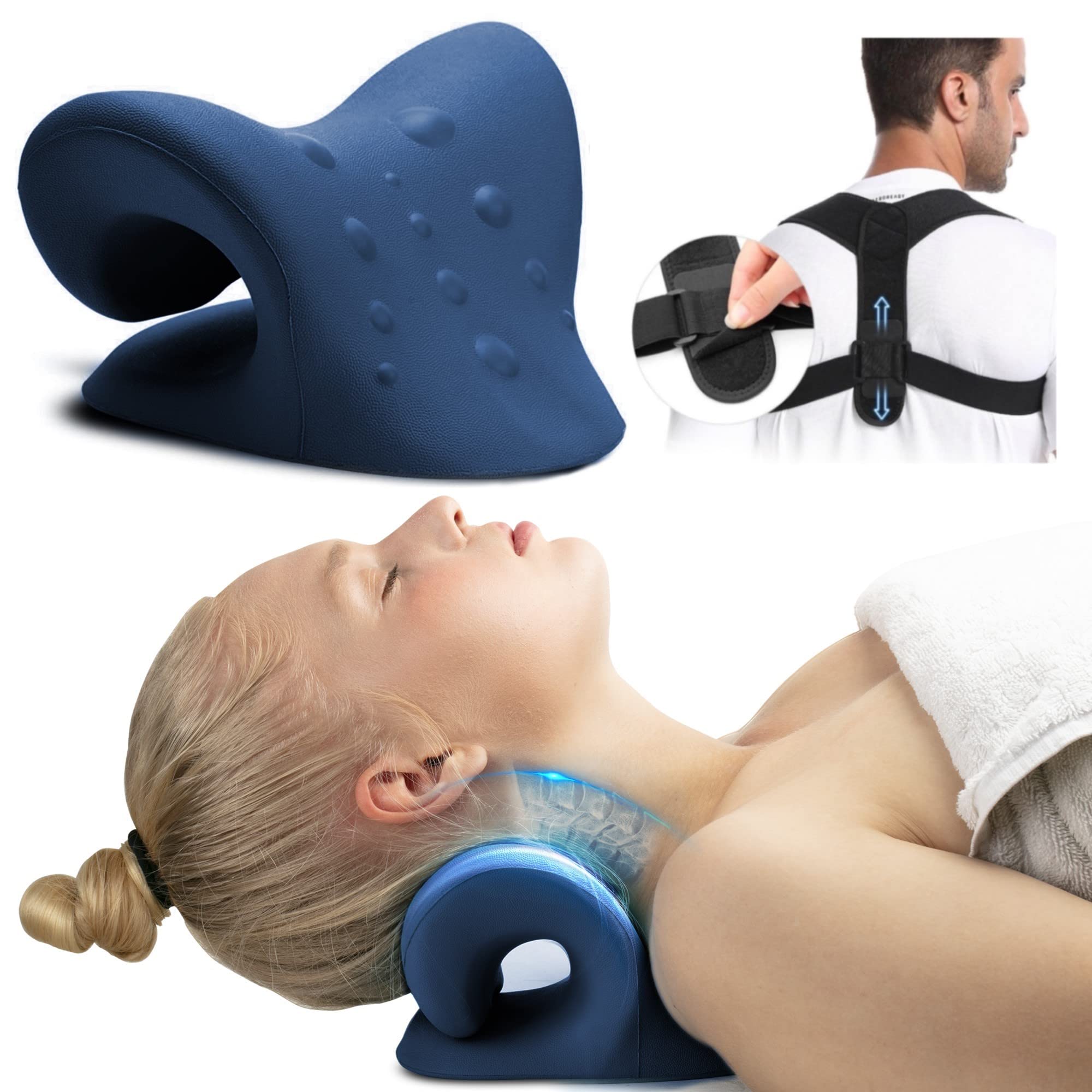FSA HSA Eligible iBYWM Neck and Shoulder Relaxer with Posture Corrector  Back Brace, Neck Stretcher Cervical Traction Device for Spine Alignment,  Upper Back Support Adjustable Straightener (Dark Blue)