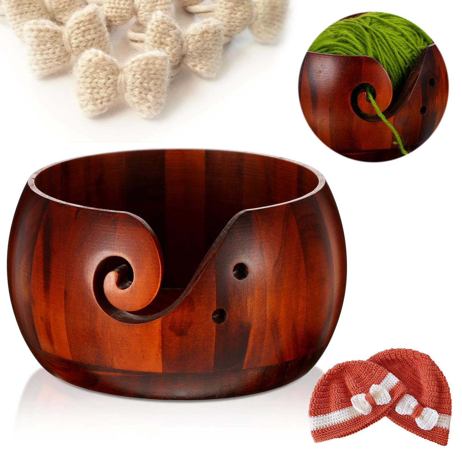 WILLBOND Wooden Yarn Bowl, 6 x 3 Inches Knitting Yarn Bowls with