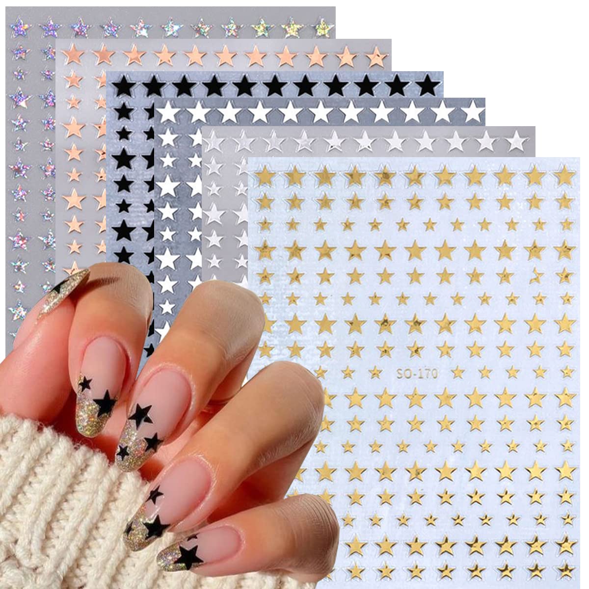 6 Sheets Star Nail Stickers 3D Glitter Shiny Gold Silver White