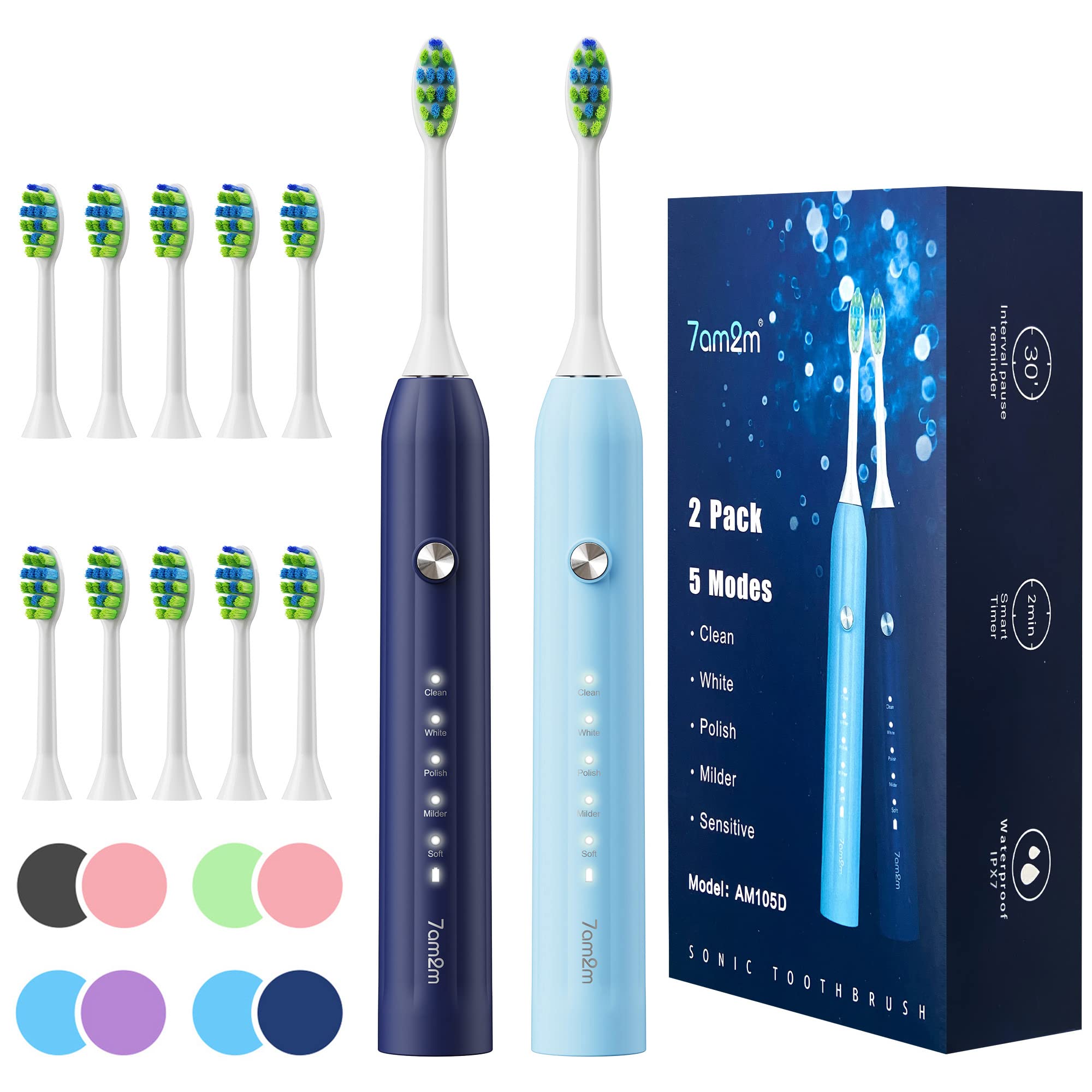 7AM2M Rechargeable Sonic Electric Toothbrush 2 Pack Soft Toothbrushes ...