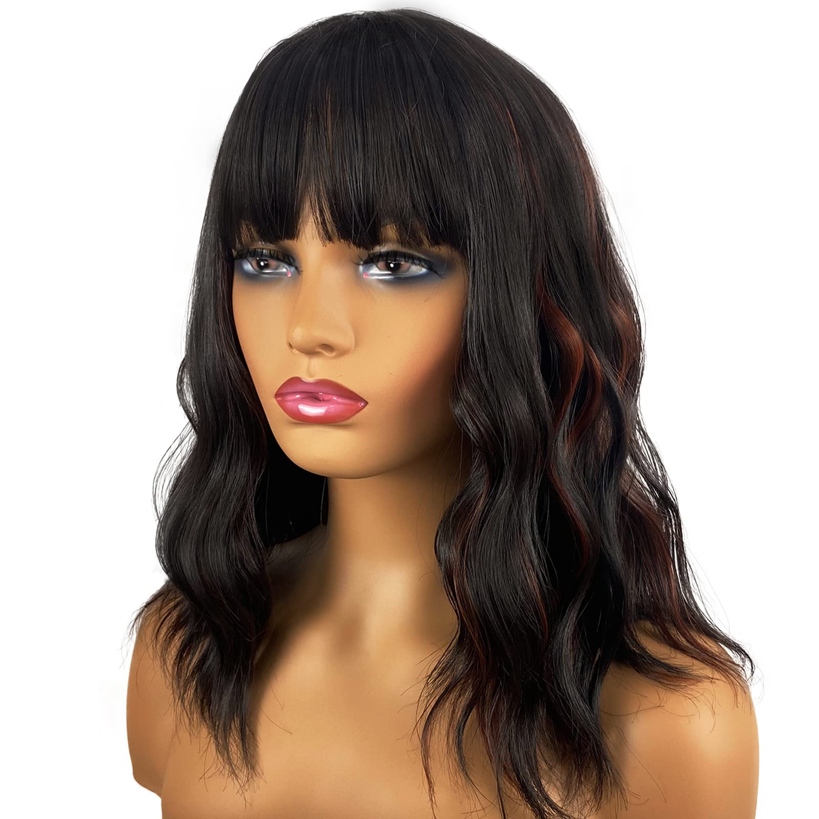 MIMISERVICE Wavy Bob Wigs with Bangs Black with Brown Highlights