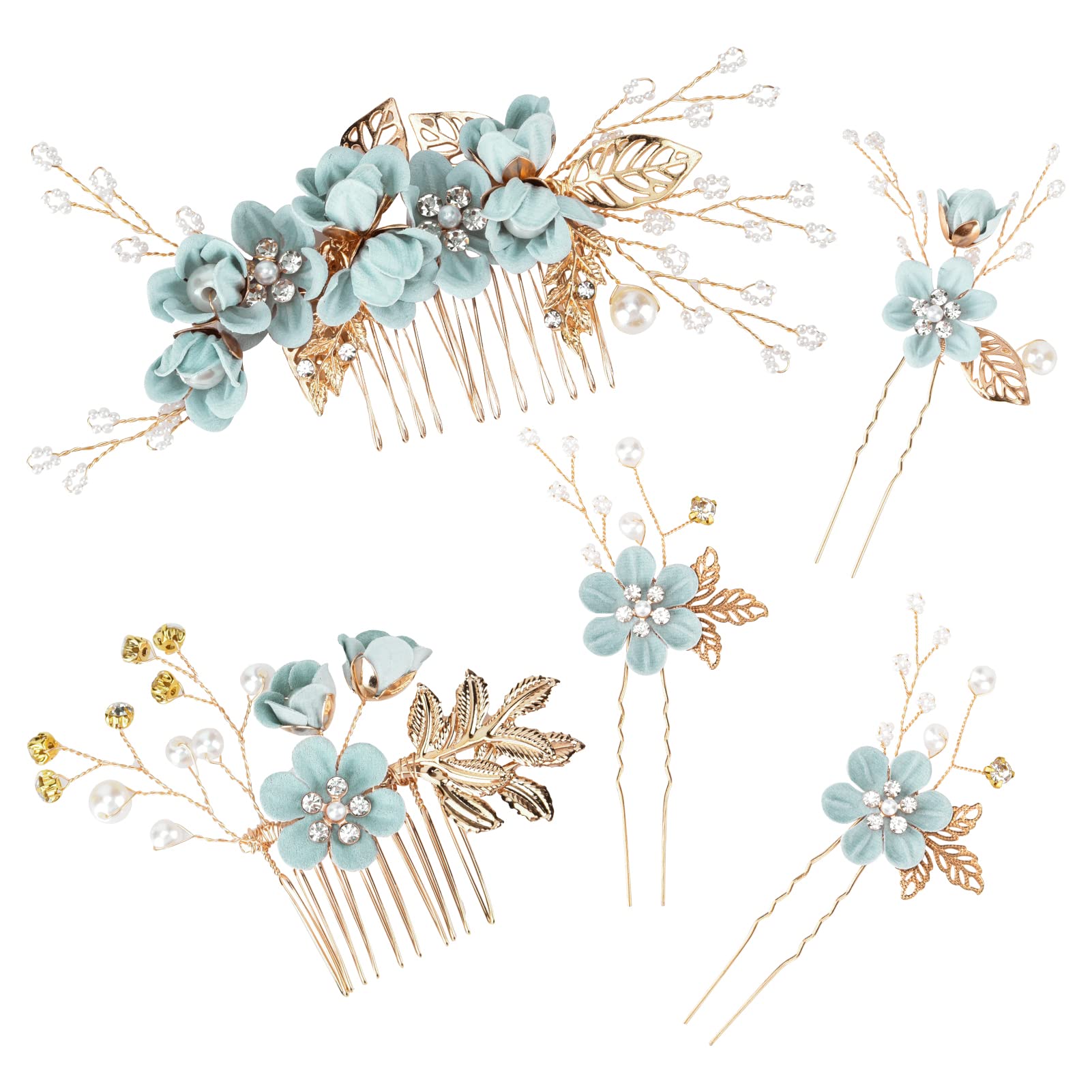 FRIUSATE 5 PCS Wedding Hair Piece Bridal Hair Comb Blue Flower