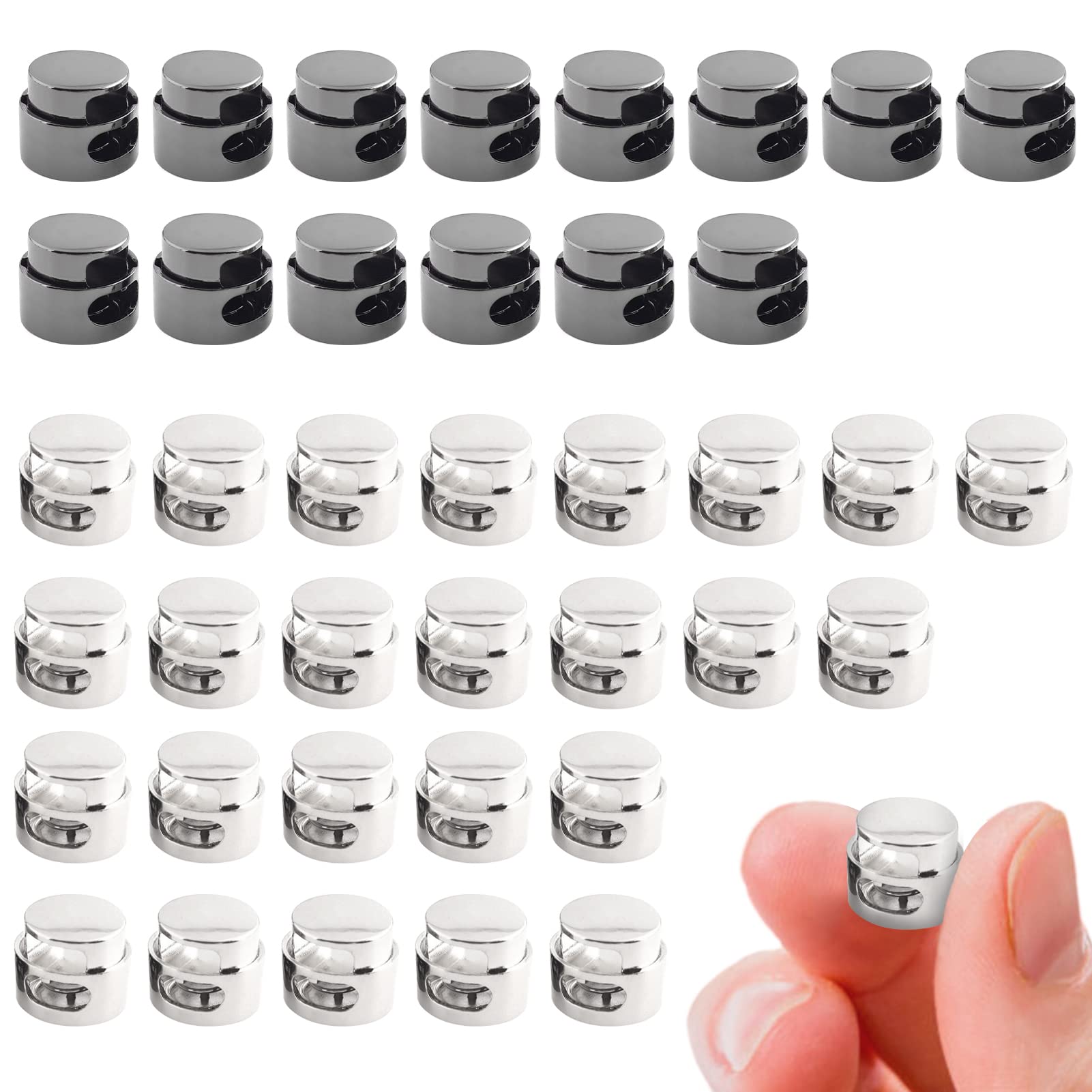 Hooney 40pcs Metal Round Cord Locks Toggle Single Hole Spring Stop Fastener  Spring Fastener Lock Toggle End for Clothes Bags Shoes DIY Handcraft(black  Silver)