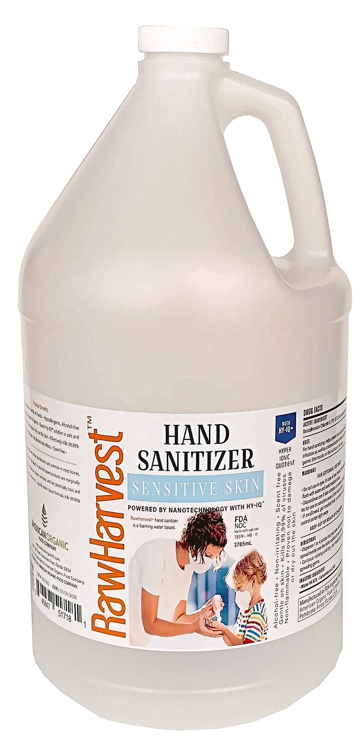 RawHarvest Hand Sanitizer Sensitive Skin Alcohol Free 1 Gallon Liquid Spray  or (Foam) Made in USA (FDA Registered NDC 79374-140-11) 128 Count (Pack of 1 )