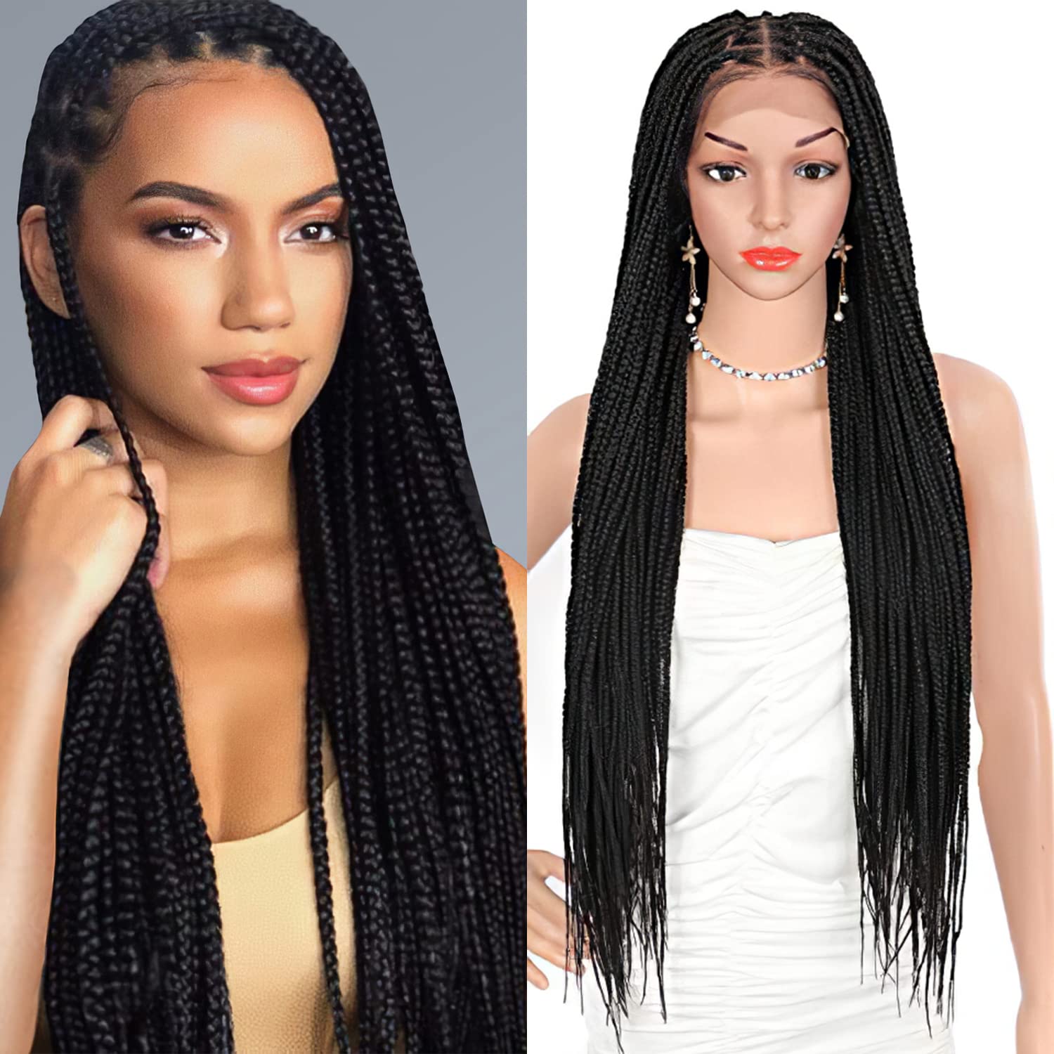 Brinbea 36 inch 13X7 HD Lace Front Knotless Box Braided Wigs Half Back  Double Lace Braided