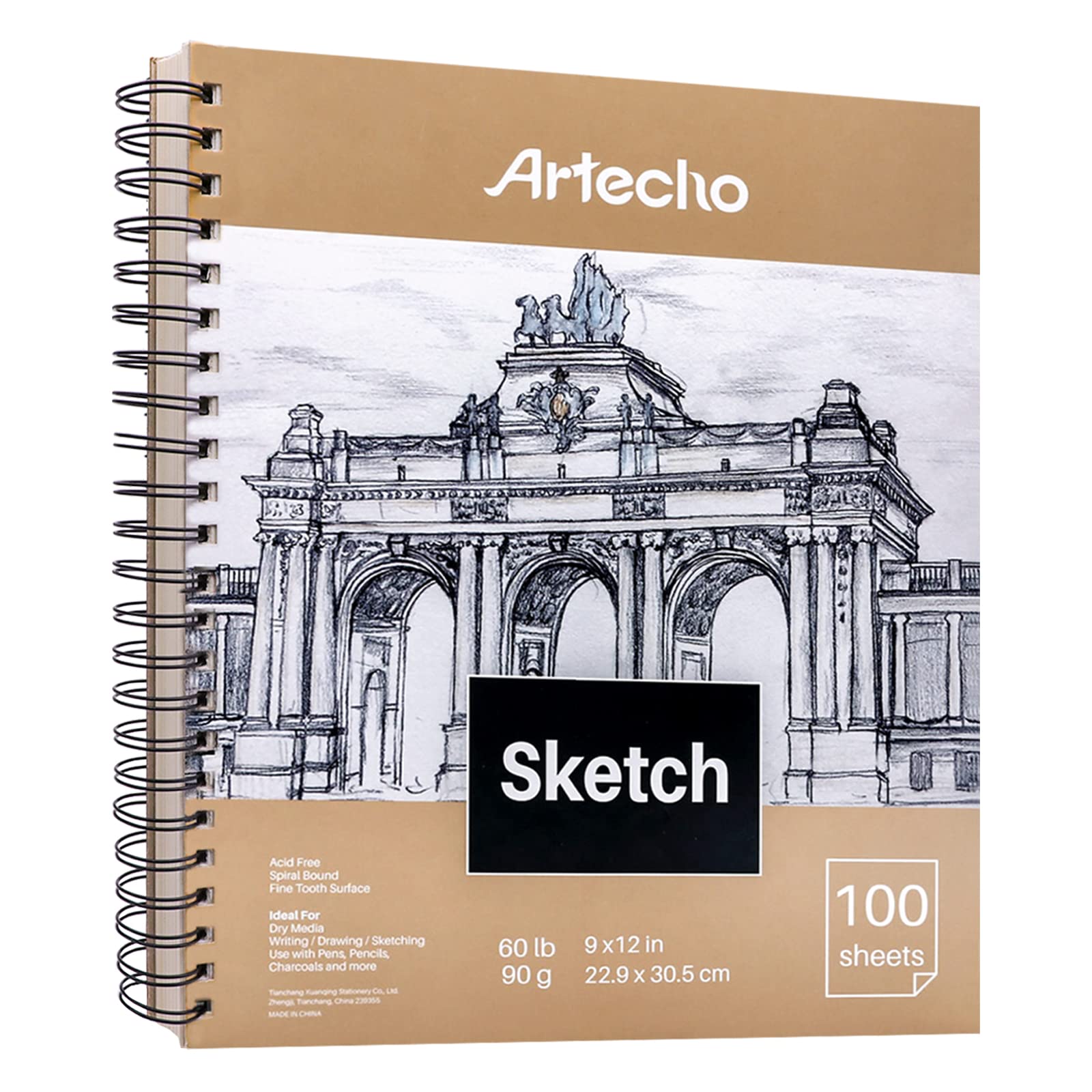 Artecho 9 x 12 Inch Sketch Book, 100 Sheets (60 lb/90gsm), Spiral