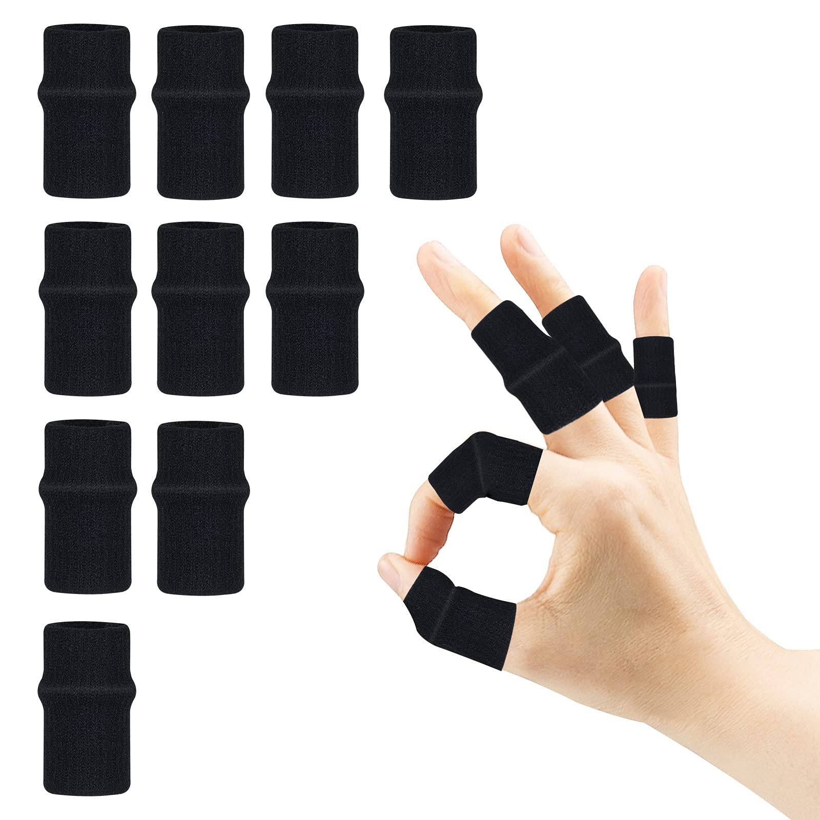 10pcs Summer Finger Sleeves Sport Elastic Arthritis Trigger Braces Knuckle  Compression Protector Prevent Calluses (Black)