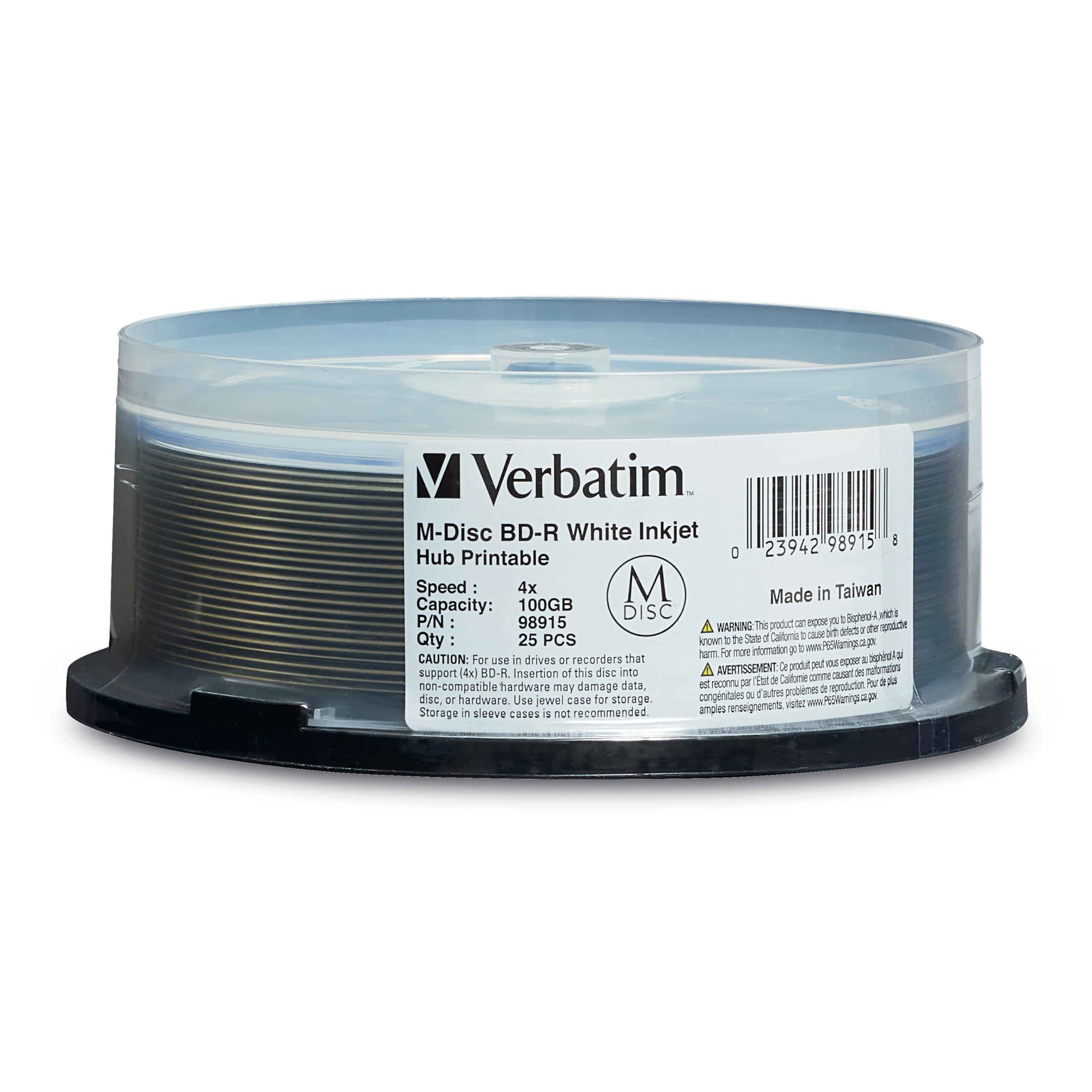 Verbatim M DISC BDR 100GB 4X White Inkjet Hub Printable Blank BluRay