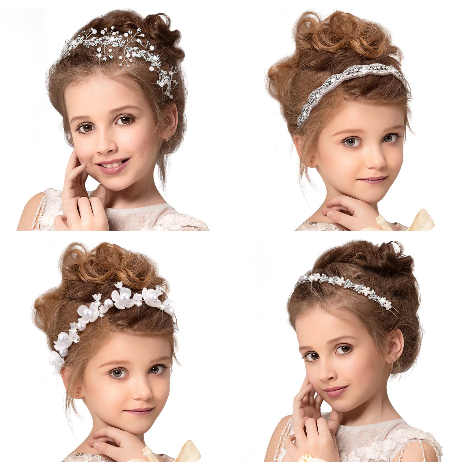 4 Pcs Flower Girl Headpiece White Girl Princess Wedding Headband Girl  Bridesmaid Headpiece Bridal Bridesmaid Hairband Pearls Rhinestone Headdress  for Women Girls Photography 4 Styles (Romantic Style) Romantic Style