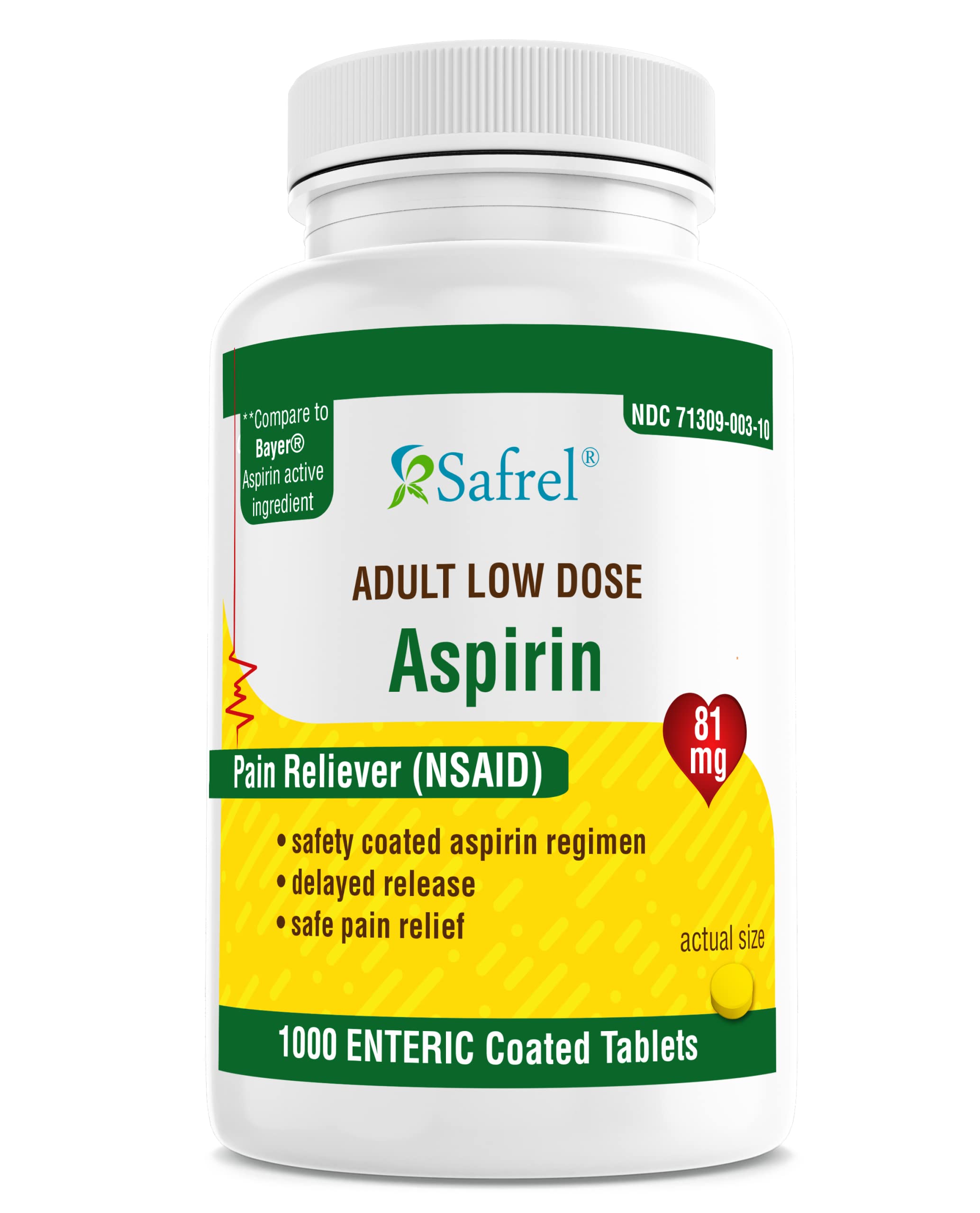 Safrel Aspirin 81 mg (1000 Enteric Coated Tablets) Adult Low Dose