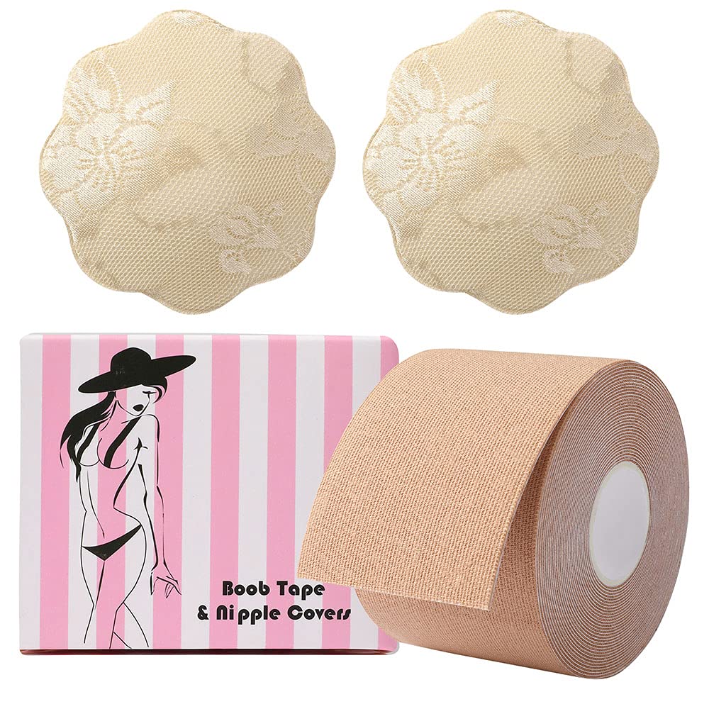 Snagshout  GAKI Store Boob Tape, Boobytape for Breast Lift l Sweat-Proof,  Skin-Friendly with Safe Medical Material, Bob Tape for Large Breasts + 1  Pair Reusable & Washable Silicone Nipple Cover Nude
