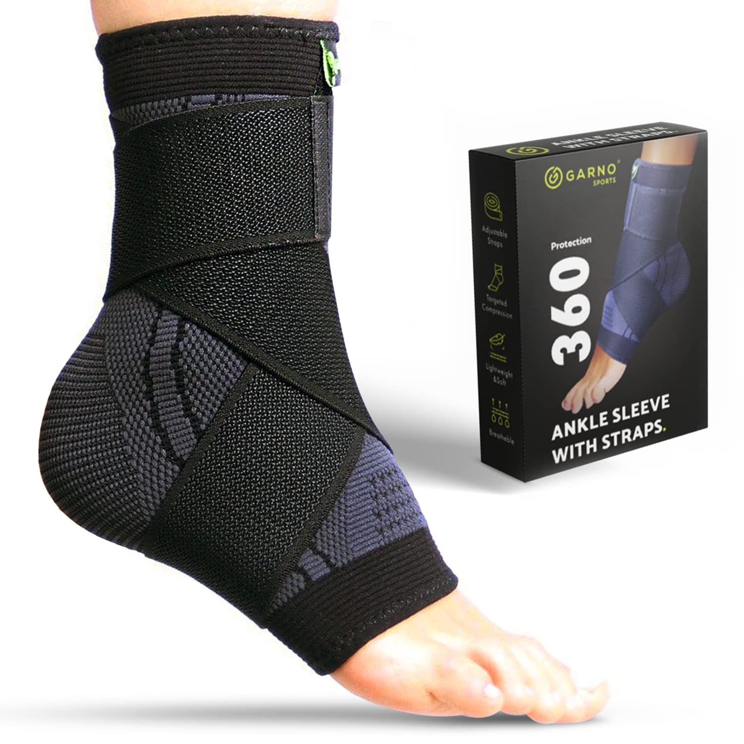 GARNO Ankle Brace Compression Sleeve with Adjustable Straps, Arch