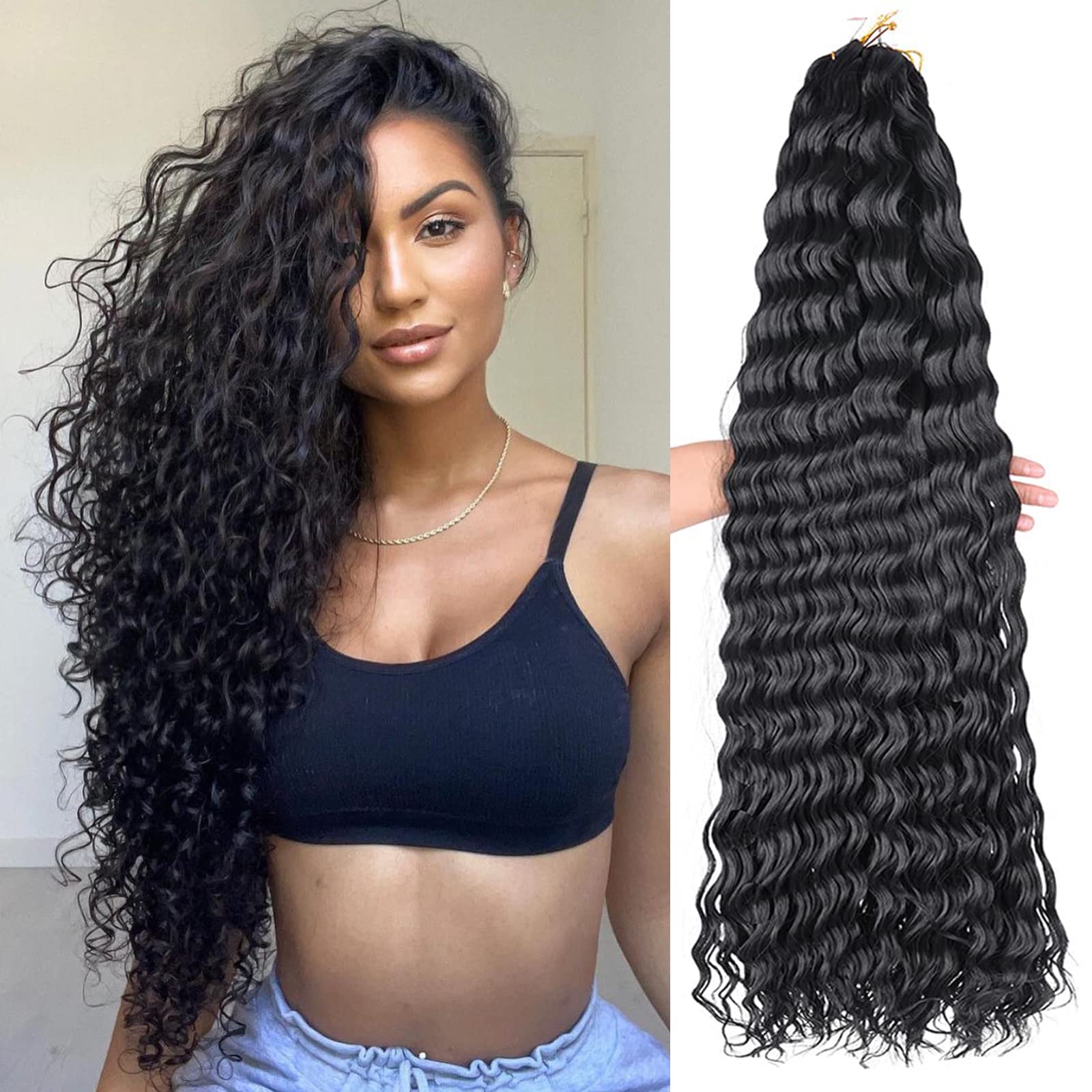 Silike Synthetic 32 inch Crochet Hair Curly Deep Wave Braiding Hair Long  Loose Ocean Wave Crochet Hair for Women Soft Like Human Hair Extensions 4  Packs (32inch 1B) 32 Inch (Pack of 4) 1B