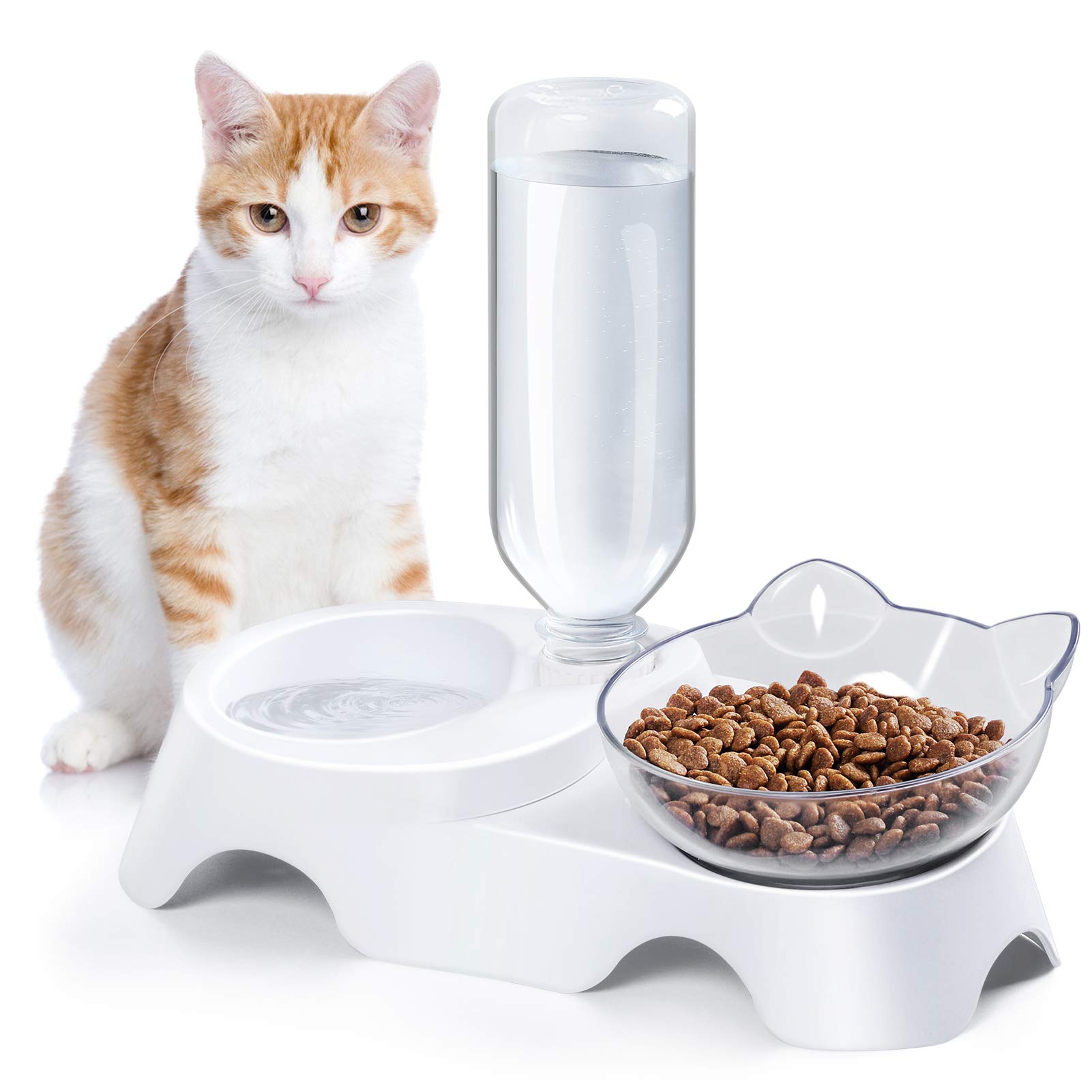 MILIFUN Double Dog Cat Bowls - Pets Water and Food Bowl Set, 15Tilted Water  and Food Bowl Set with Automatic Waterer Bottle for Small or Medium Size  Dogs Cats White