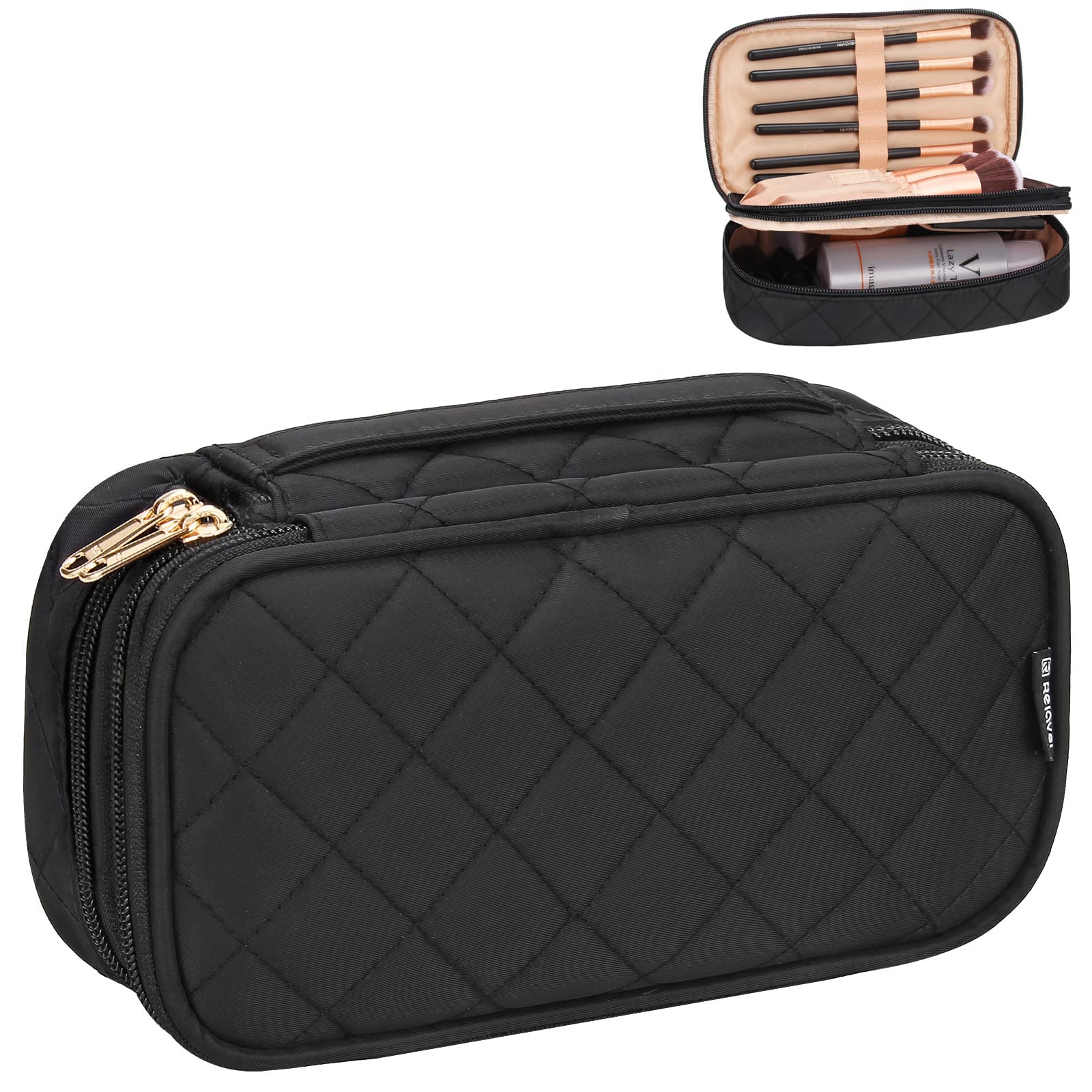Small Makeup Bag, Relavel Cosmetic Bag for Women 2 Layer Travel Makeup  Organizer Black Handbag Purse Pouch Compact Capacity for Daily Use, Makeup  Brush Holder, Waterproof Nylon, Durable Zipper (Black) Small Black