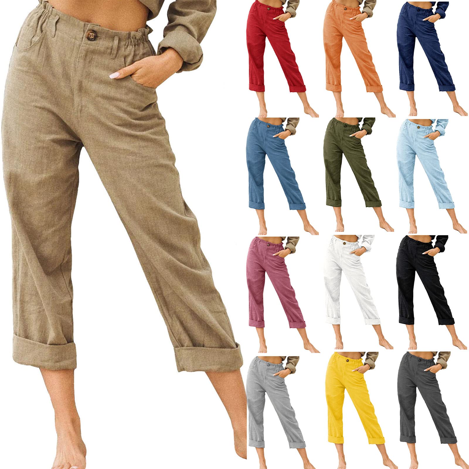 Women Cotton Linen Long Pants Petite Fit Wide Leg Baggy Pants