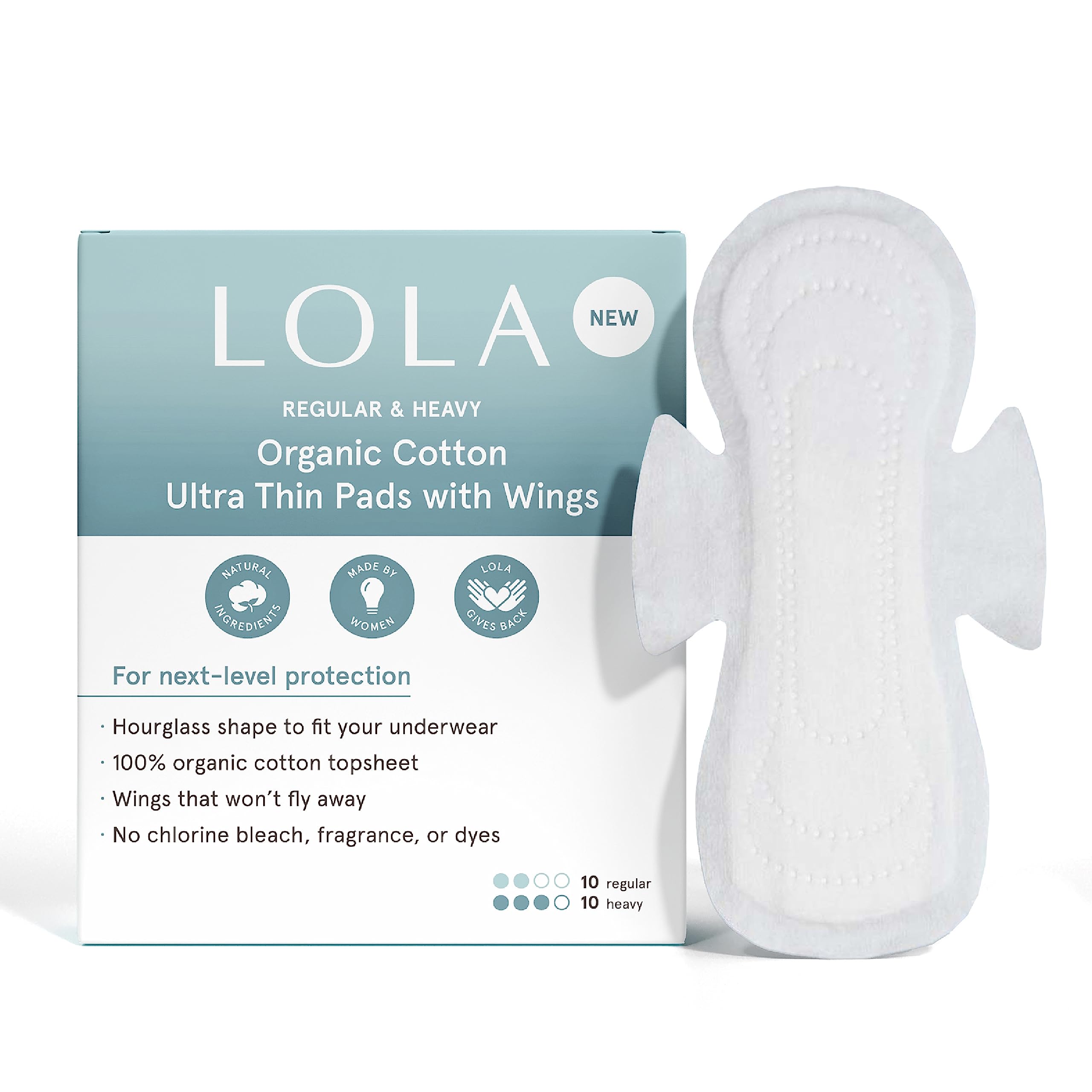 LOLA Organic Cotton Pads 60 Count - Ultra Thin Pad with Wings