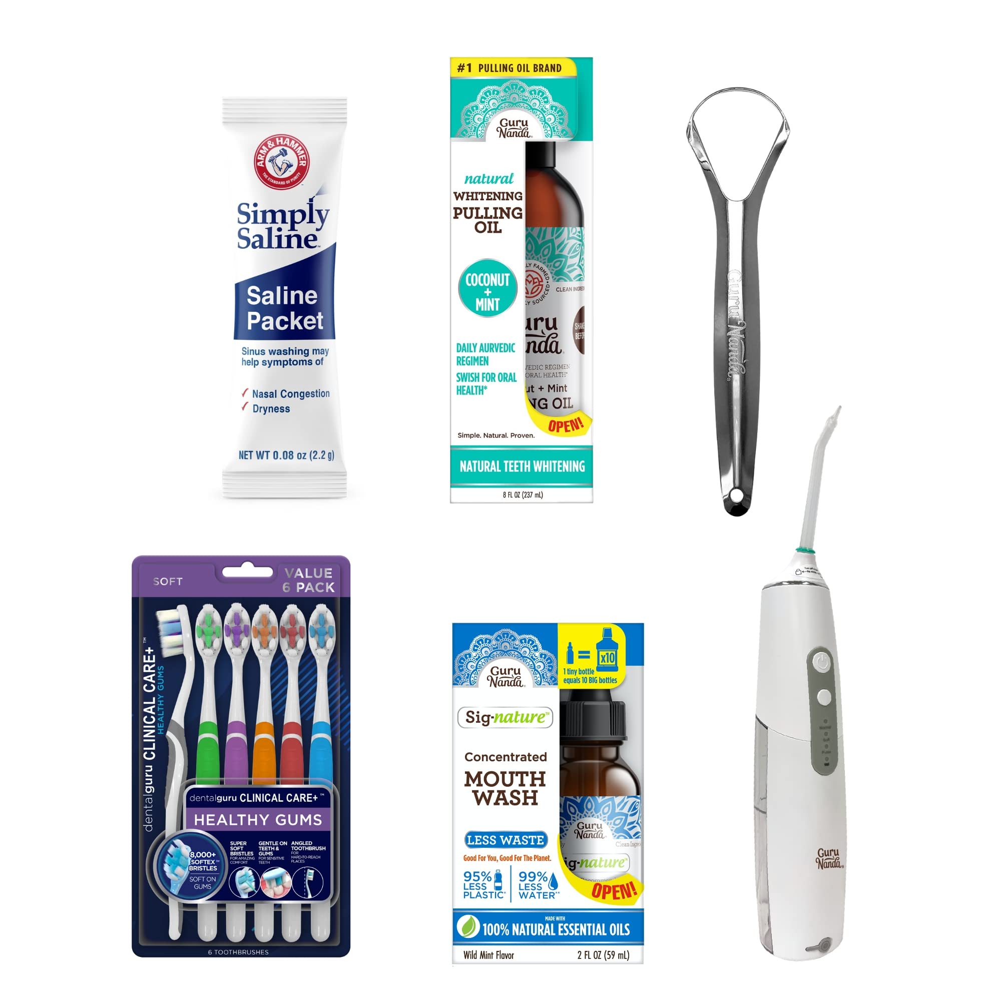 Gurunanda Oral Care Travel Kit with Butter on Gums Toothbrush, Tongue Scraper, Floss Picks, and Coconut & Mint Oil Pulling Sachet