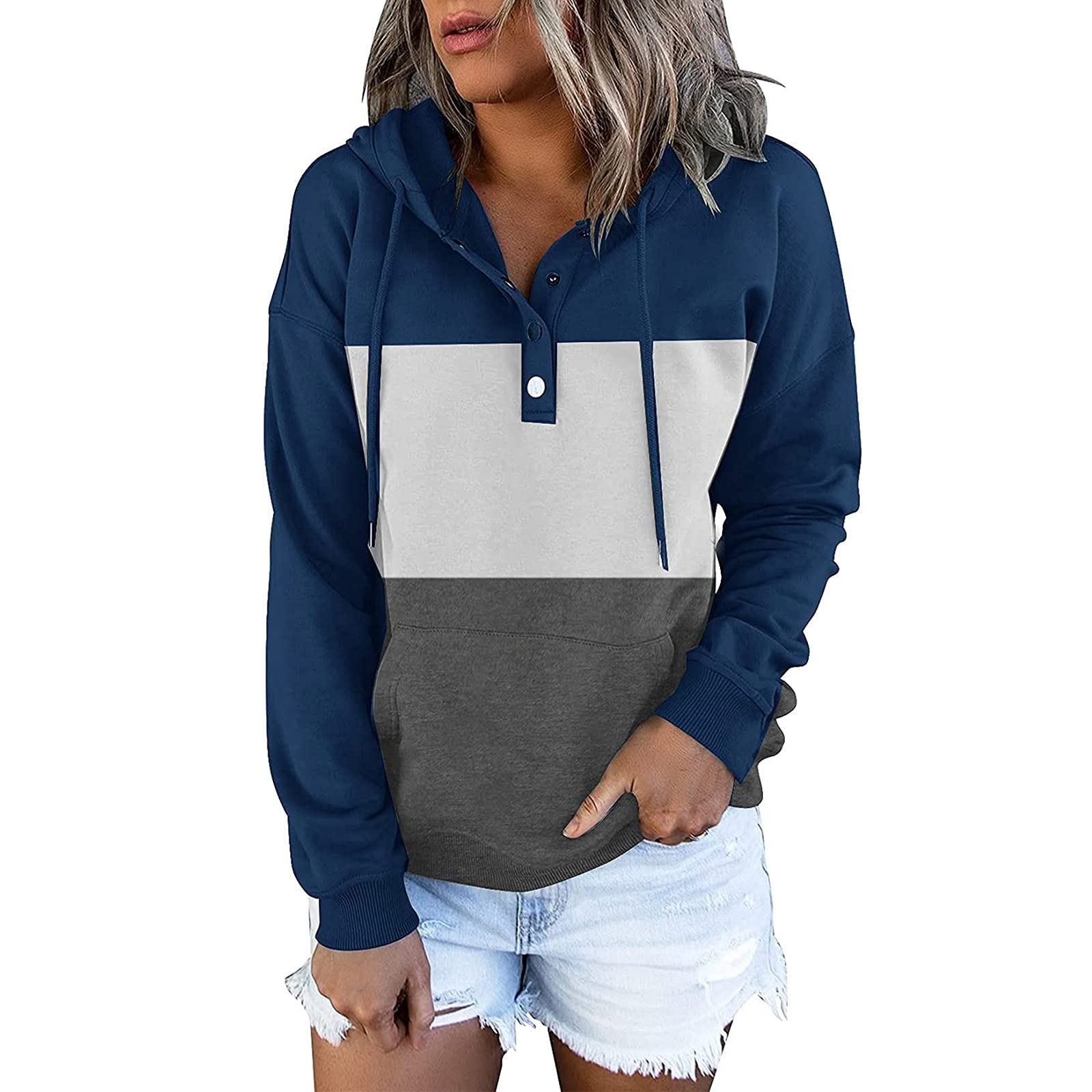 Nursing Sweatshirt With Pockets -Hidden Zipper- Colorblock Blue