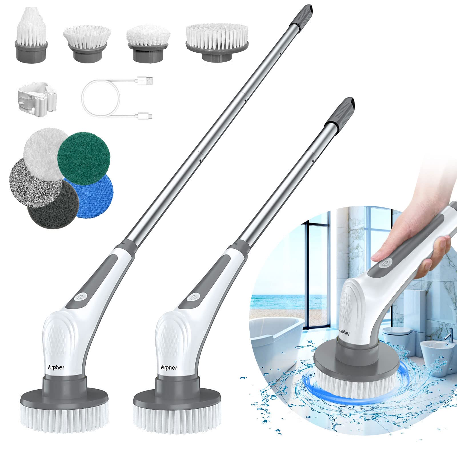 Electric Spin Scrubber, Cordless Bath Tub Power Scrubber with Long Handle &  7 Replaceable Heads, Detachable as Short Handle, Shower Cleaning Brush