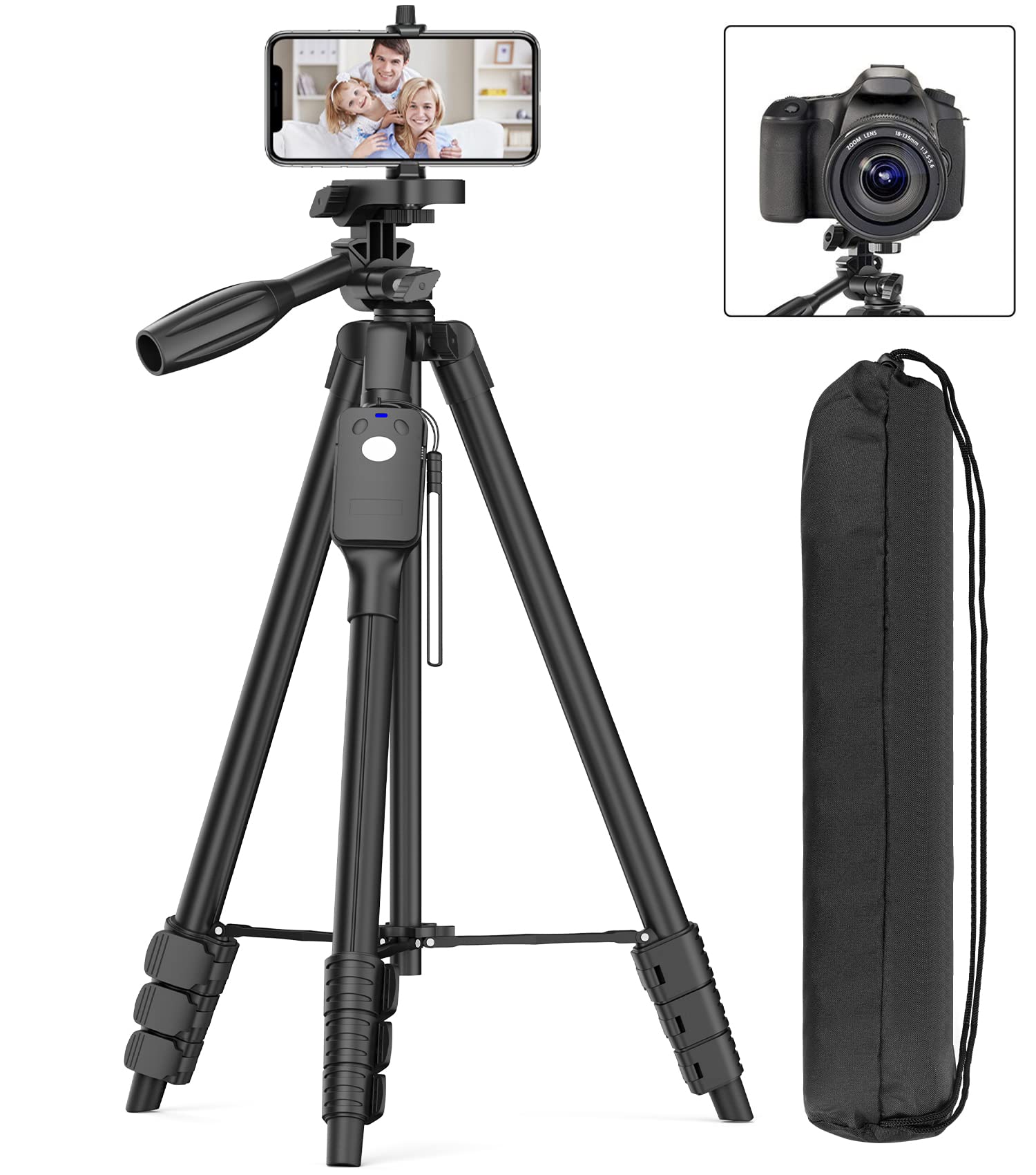 60 Camera Tripod with Travel Bag,Cell Phone Tripod with  Remote,Professional Aluminum Portable Tripod Stand with Phone Tripod  Mount&1/4Screw,Compatible with Phone/Camera/Projector/DSLR/SLR 60  5-Section Tripod