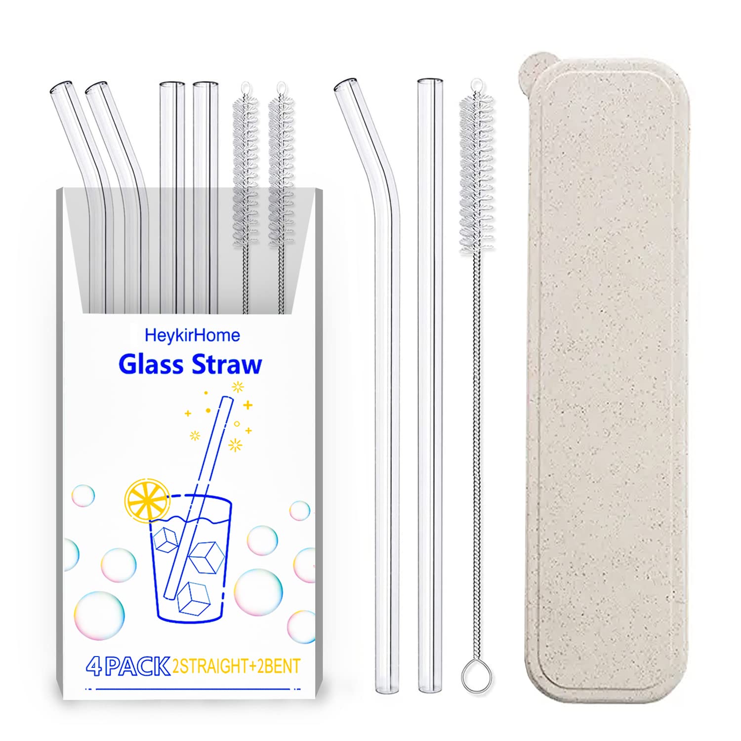 Curved Straw Tea Coffee Juice Reusable Glass Drinking Straws Cleaner Brush