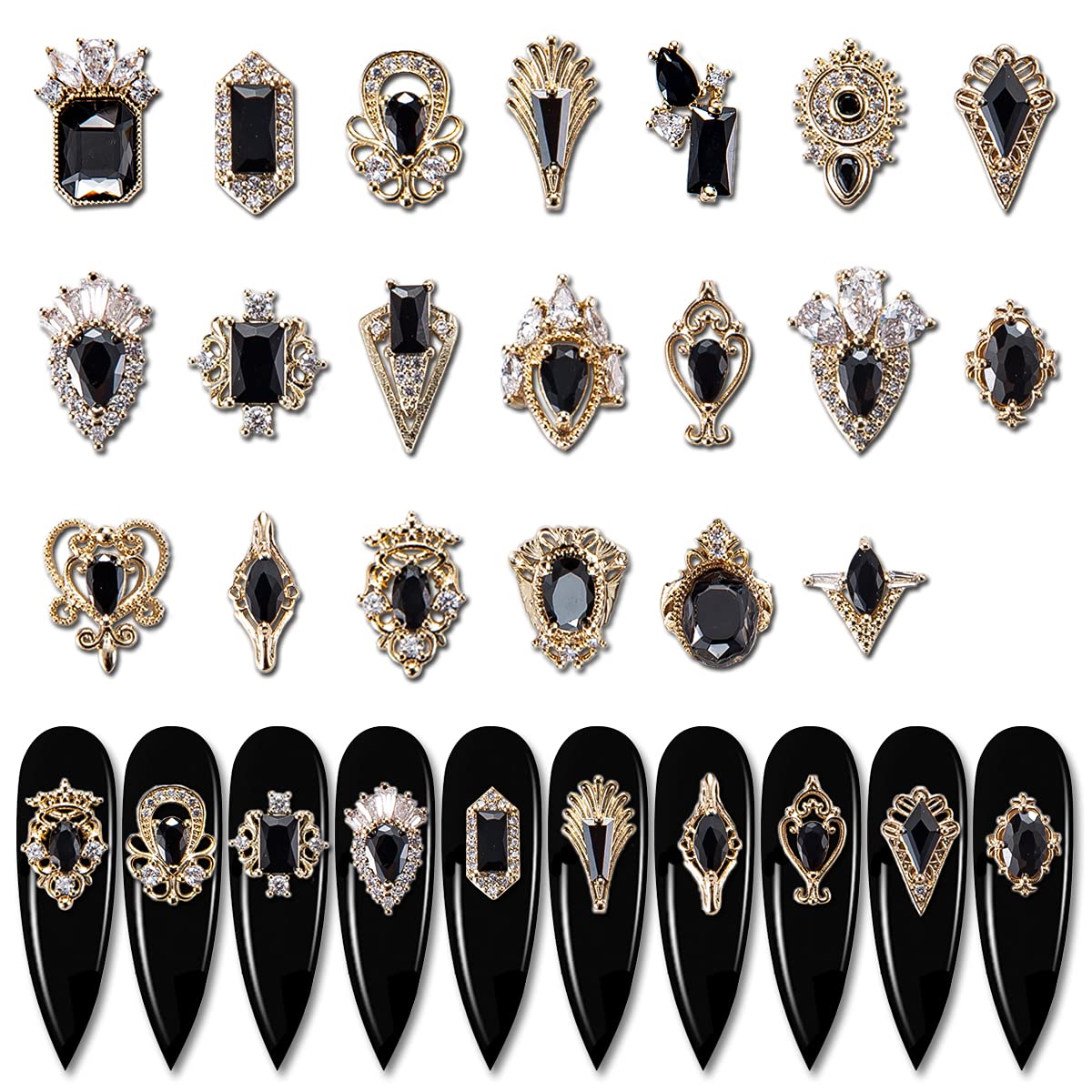 Leelosp 24 Pieces 3D Nail Charms Gold Luxury Black Rhinestones Nail Charms  for Acrylic Nails Black Zircon Jewels Crystals Nail Rhinestones with