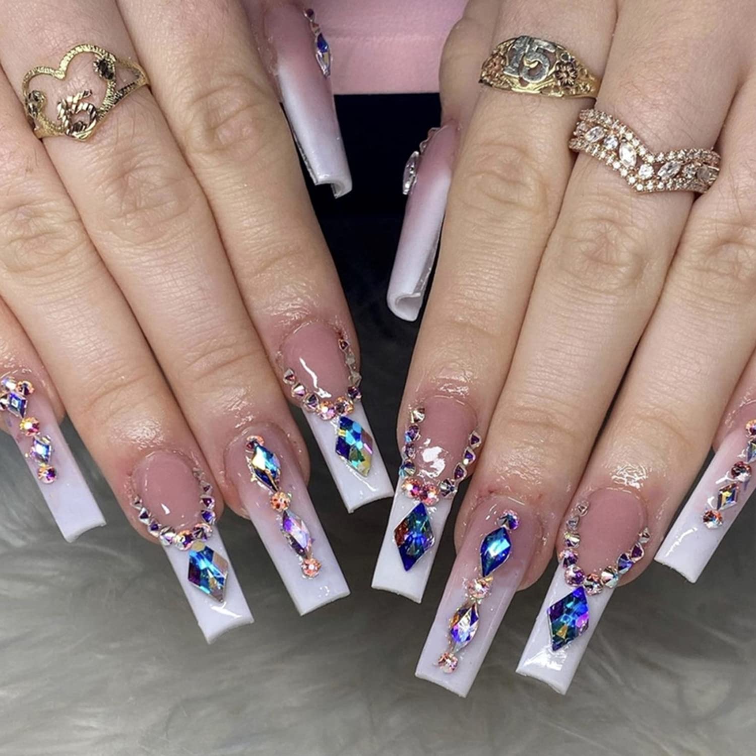 Full Rhinestones Pink Fake Nails French Long Coffin Full Cover Press On  Nails