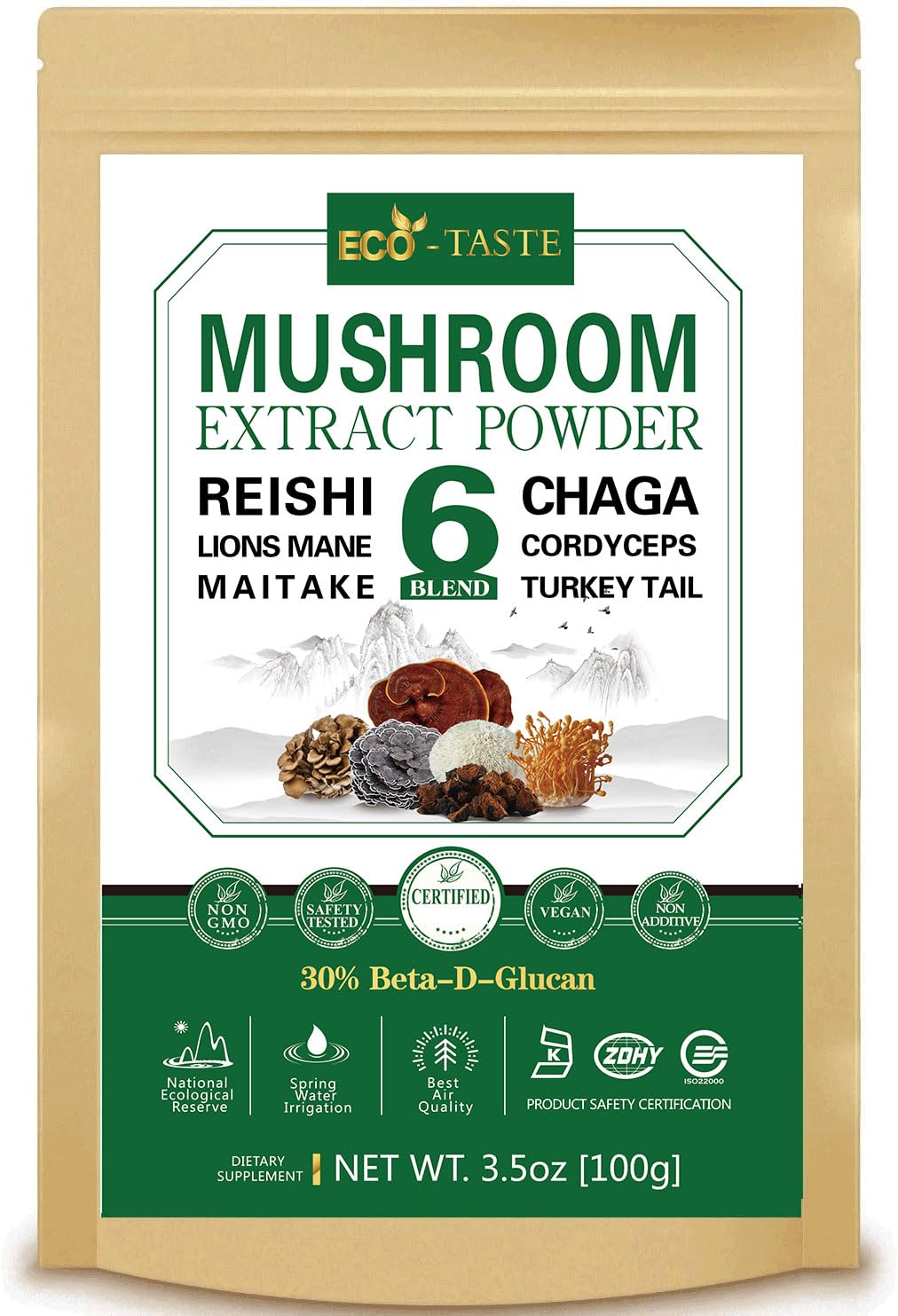 ECO-TASTE 6 Blend Mushroom Extract Powder 100g Beta-D-Glucan 30