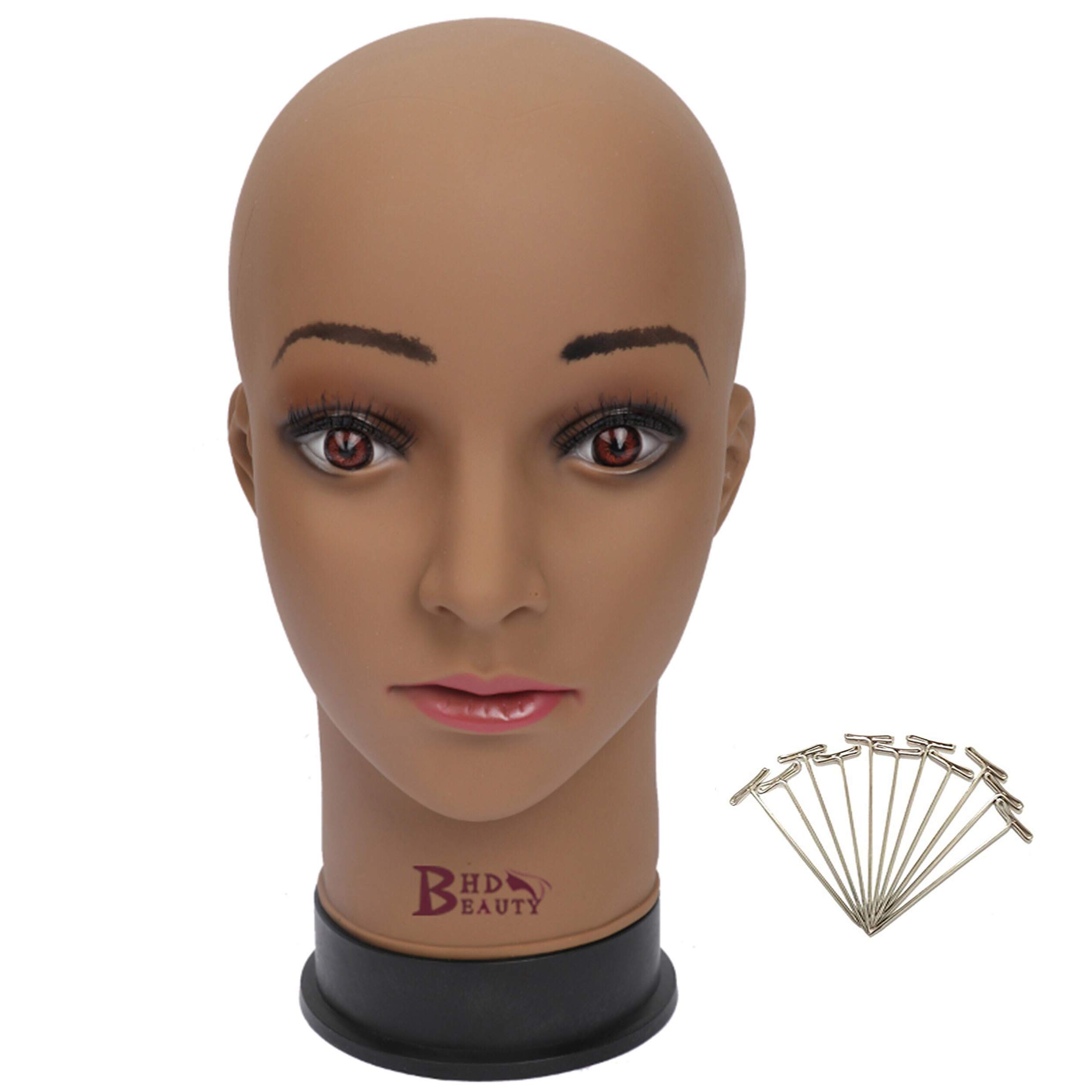 BHD BEAUTY Bald Mannequin Head Brown Female Professional Cosmetology for  Wig Making, Display wigs, eyeglasses, hairs with T pins 22'' 22 Inch (Pack  of 1) Brown