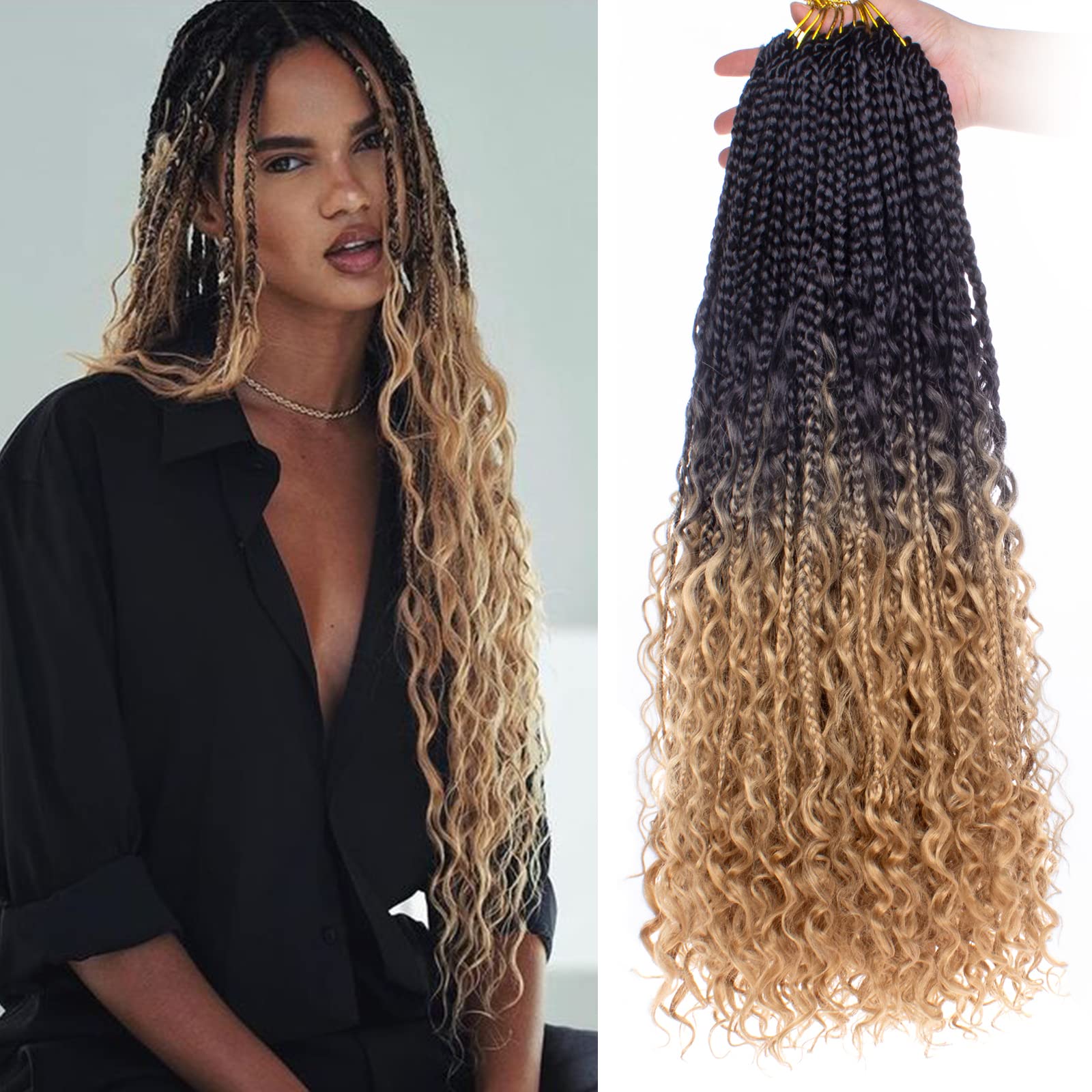 Boho Box Braid Crochet Hair 24Inch Long Goddess Braiding 1B Synthetic  Bohemian Braids Curly Ends Hair