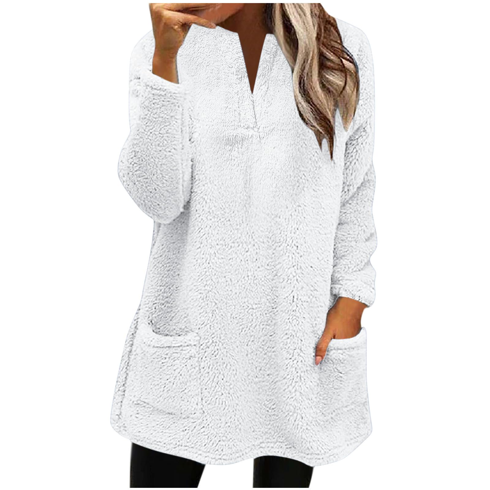 AMhomely Ladies Womens Soft Teddy Fleece Hooded Jumper Plus Size Double  Fleece Casual Hoodies With Pocket V Neck Soft Fleece Hooded Sweatshirts  Plain Pullover Tops Winter Lightweight Lounge Tops 02 White XL