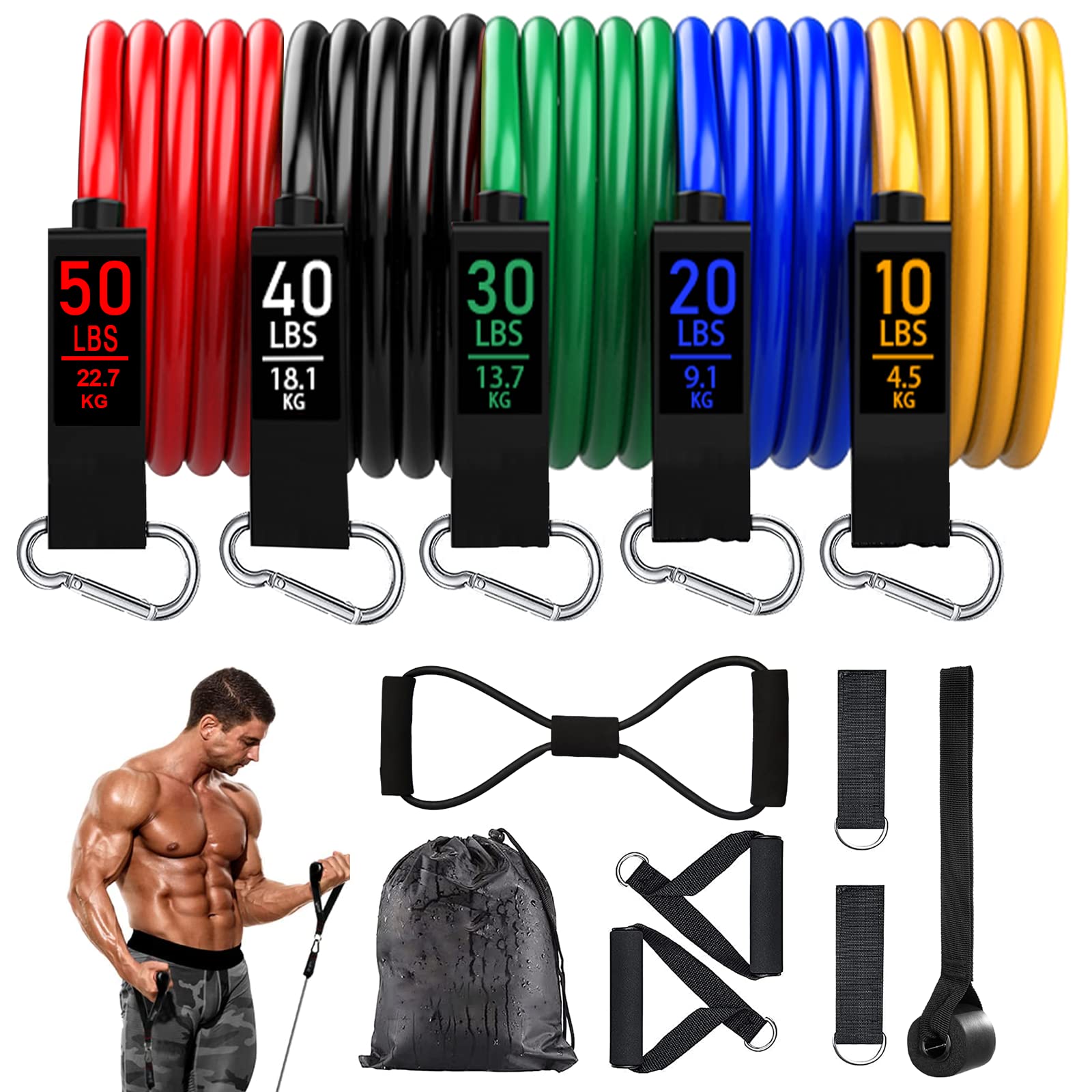 Buy Whinsy Resistance Bands Set Workout Chart for Exercise & Fitness Pilates,  Toning Tube Set Stackable up to 150lbs/68 Kgs with Door Anchor Foam Handles  Ankle Strap Waterproof Carry Bag (11pcs) Online