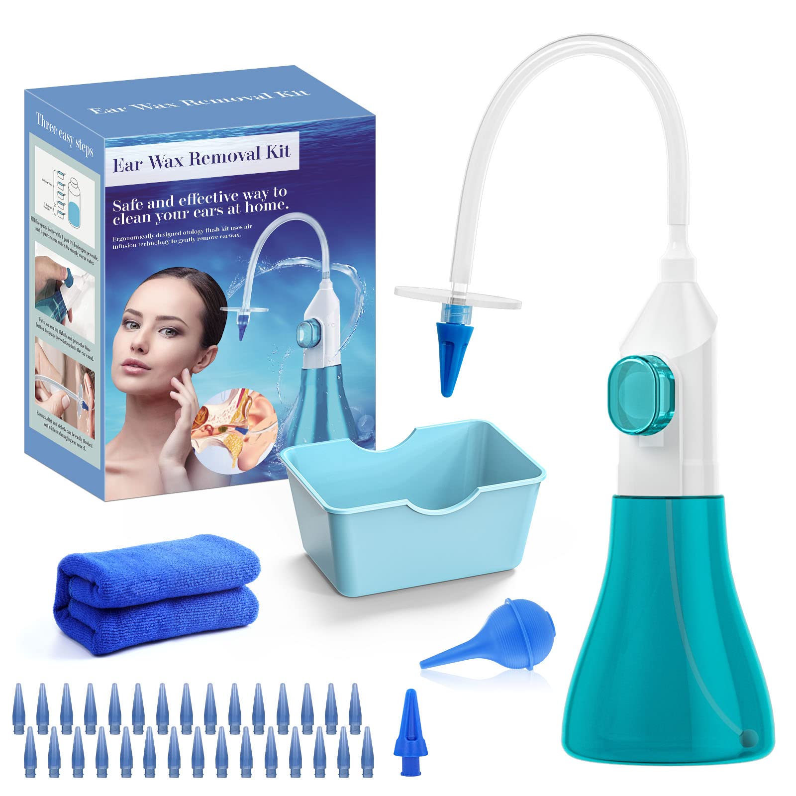 Ear Wax Removal Tool Manual Ear Irrigation Flushing System Ear Cleaning  Washer Kit Safe and Effective Ear Cleaner for Adults & Kids Turquoise