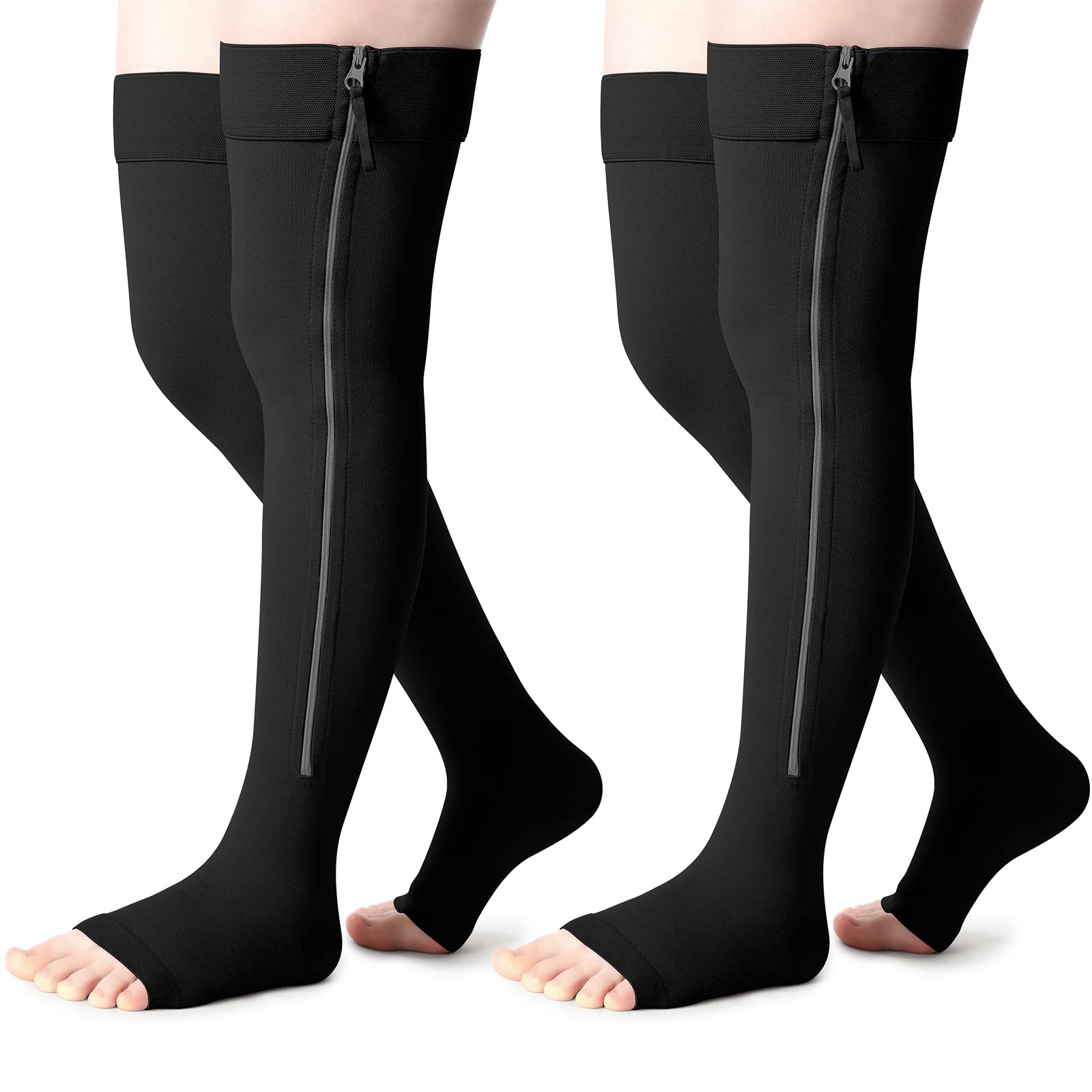 2 Pairs Open Toe thigh high Zipper Compression Socks 15-20 mmHg