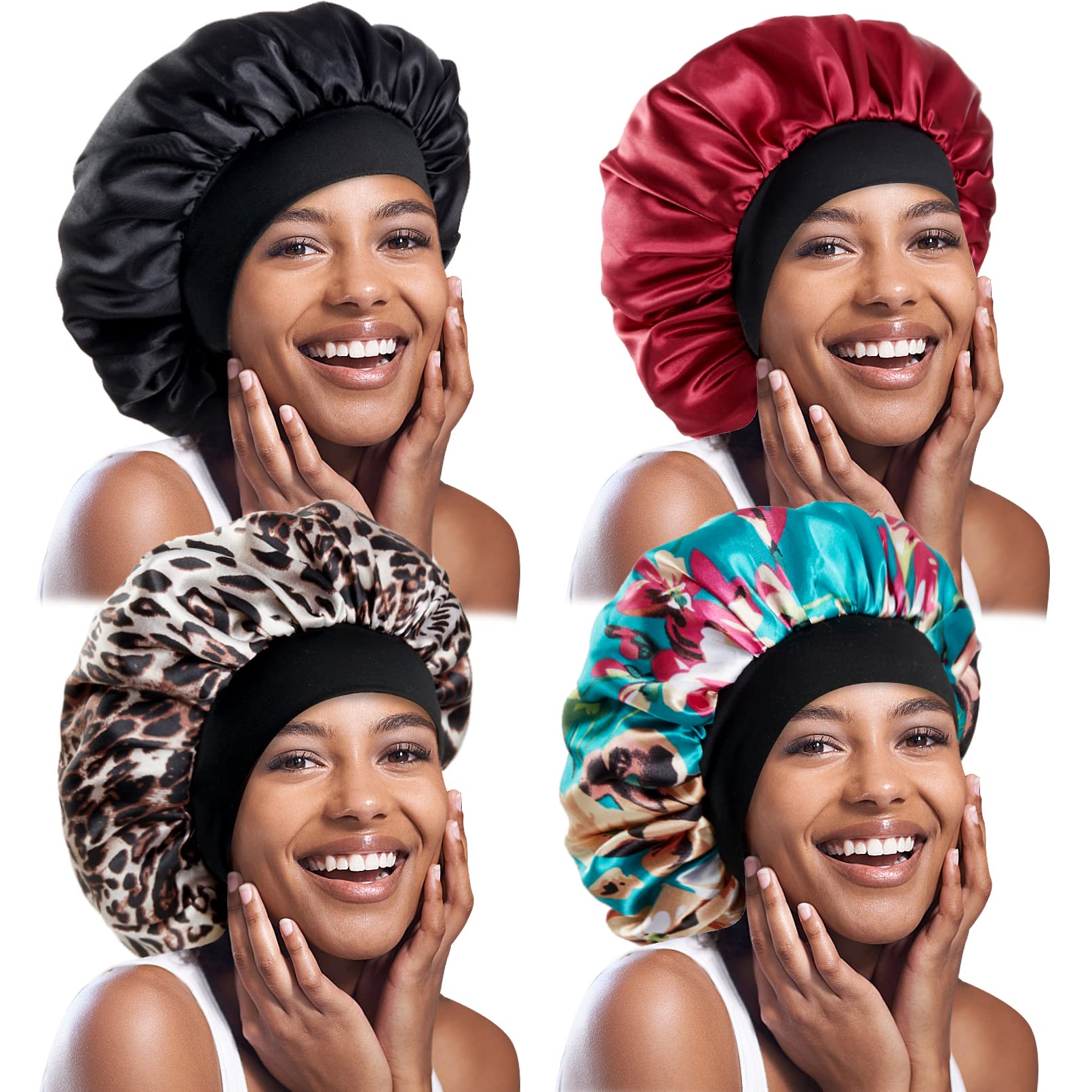 4Pcs Large Satin Bonnet,Silk Bonnet with Wide Elastic Band,Hair Bonnet for  Curly Hair,Big Sleep Cap for Women Hair Care (Black+Red+Leopard+Blue Flower)