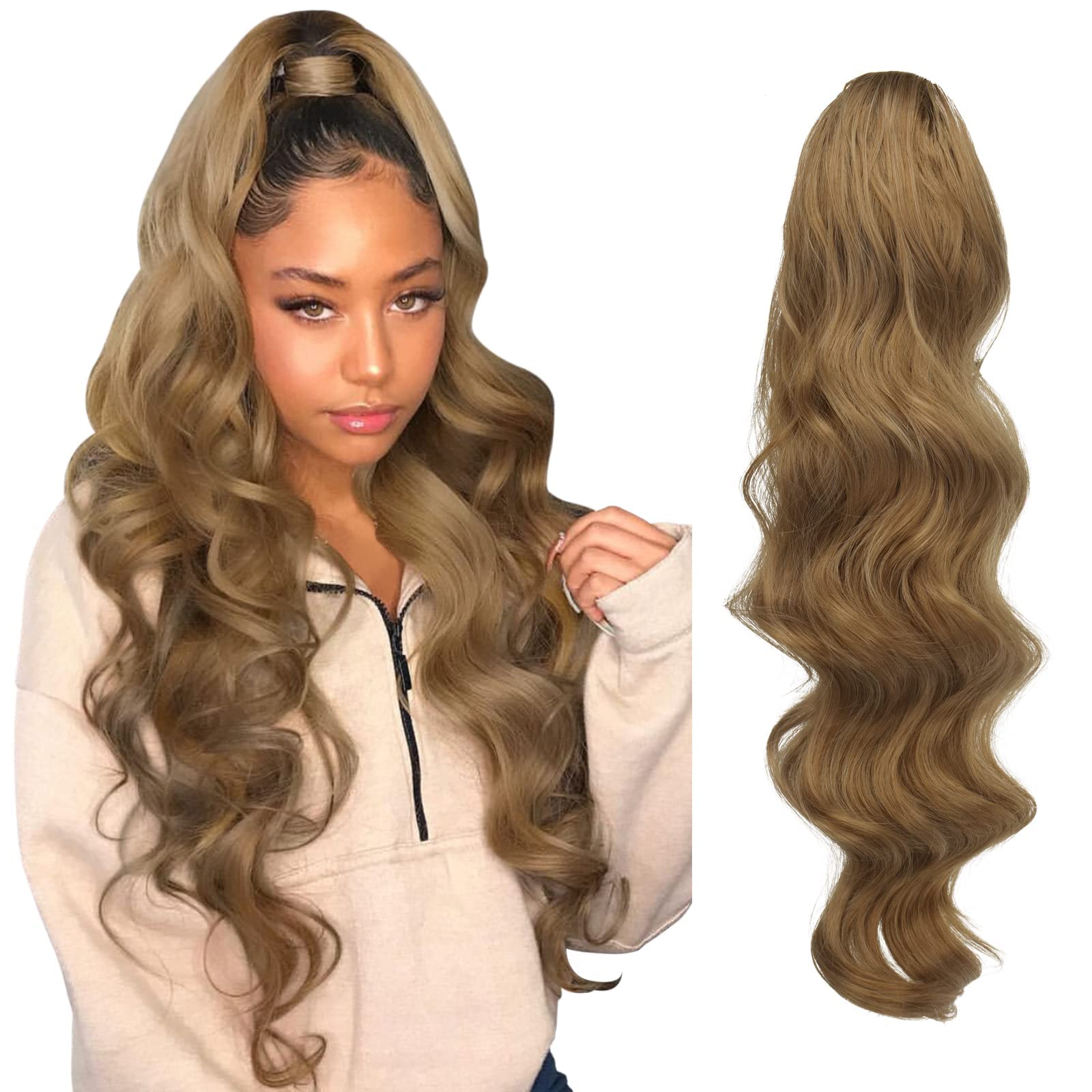 FESHFEN Long Ponytail Extension Curly Wavy Clip in Synthetic