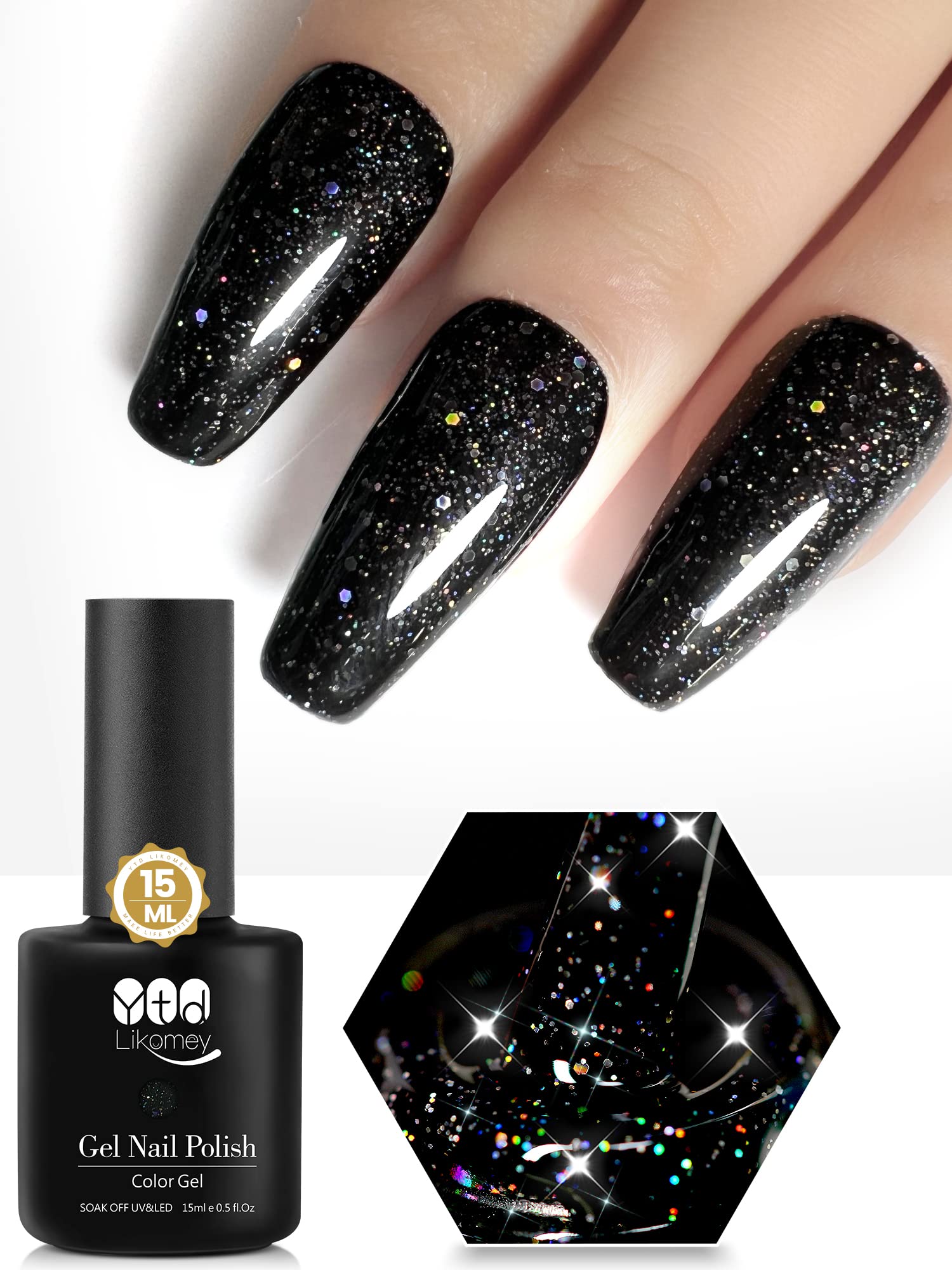 YTD Likomey Gel Nail Polish,1 Pcs 15ml Colorful Black Glitter Soak