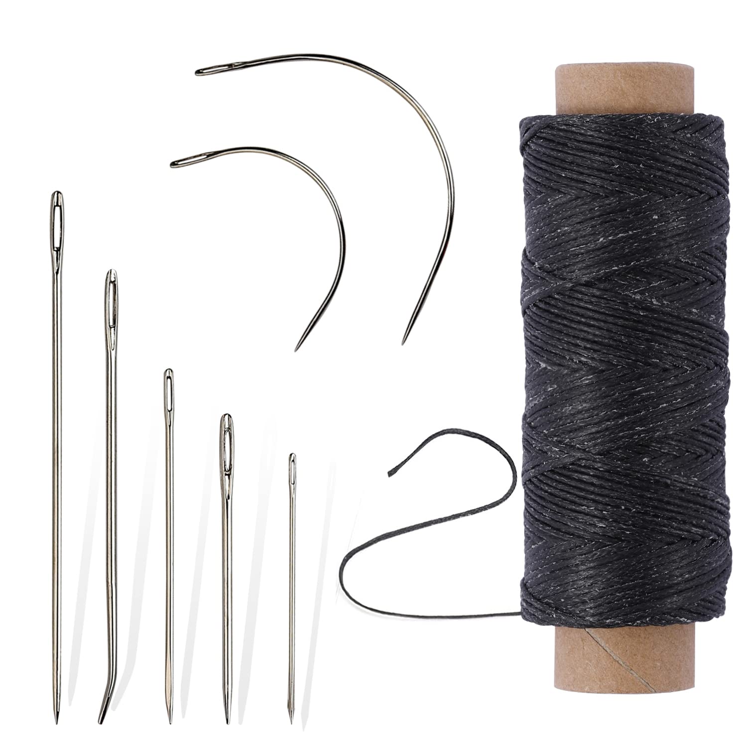 55Yards Waxed Thread with 7 Pcs Leather Needles for Hand Sewing 150D Flat Sewing  Waxed Thread Leather Repair Needles for Sewing Upholstery Leather Canvas  Bags Sofa Furniture Black