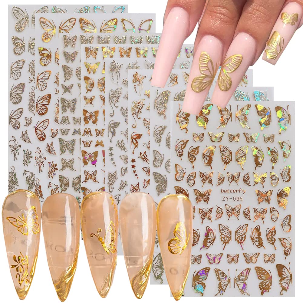 8 Sheets Butterfly Nail Art Stickers Gold Nail Decals 3D Luxury ...