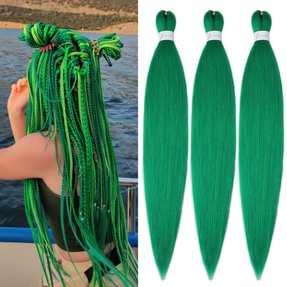  Green Braiding Hair Pre Stretched 30 Inch 3 Packs Kanekalon  Pre-stretched Braiding Hair EZ Braid Yaki Texture Synthetic Hair Extensions  For Crochet Box Braids