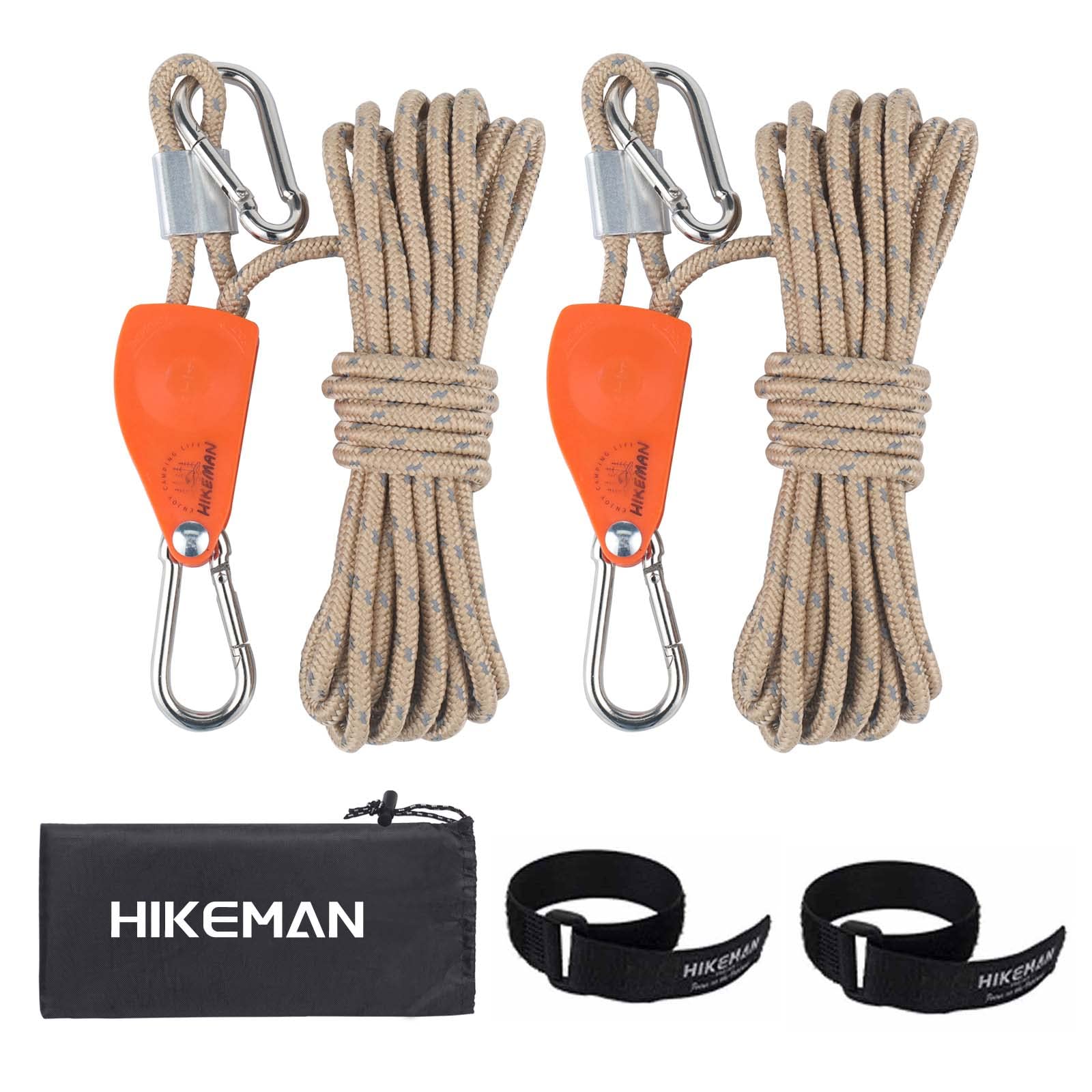 Hikeman Camping Rope with Ratchet Pulley,Quick Setup Outdoor Guy Lines  Adjustable Tent Tie Downs Rope Hanger for Canopy,Kayak and Canoe,Grow Light  (Khaki)